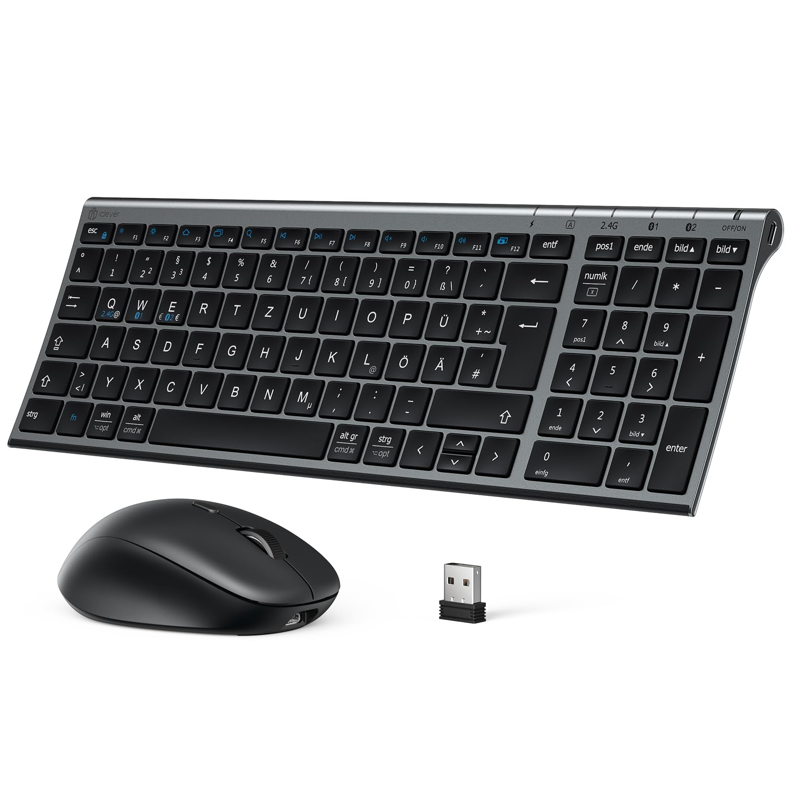 iClever Bluetooth Tastatur mit Maus, Tastatur Maus Set Kabellos,Wiederaufladbare Dualmodus (Bluetooth 5.0+2.4G) Funktastatur, für PC/Laptop, QWERTZ Layout, Grau Angebot bei HelloDeals