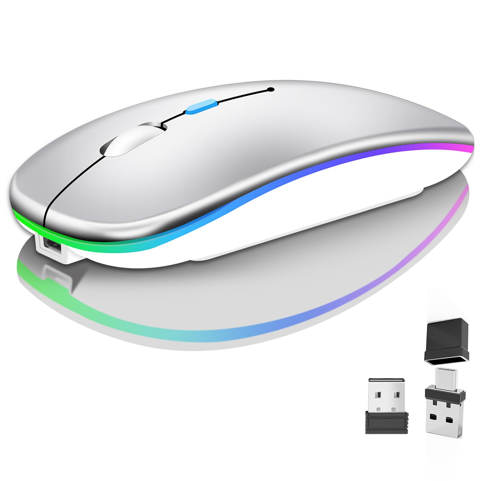 Kabellose Bluetooth-Maus für Laptop, wiederaufladbare Computer-Maus 2.4GHz Optisch (Bluetooth5.2+USB A+USB C)Duale Empfänger Mäuse-1600DPI LED Leiser Klick für MacBook Laptop Tablet PC Computer,Silber Angebot bei HelloDeals