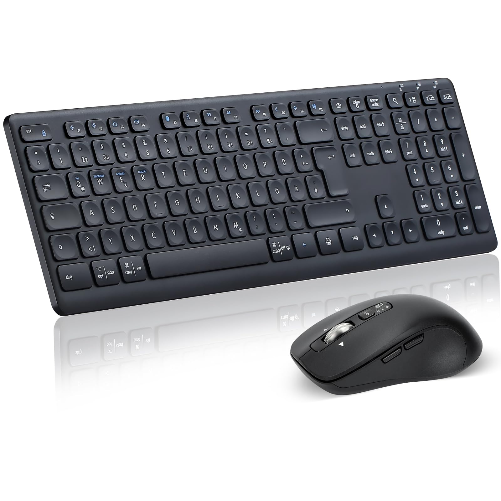 M9300 Kabelloses Tastatur Maus Combo, 2-in-1 USB Empfänger und Zwei Bluetooth, 18-Monate Batterielaufzeit, Deutsches QWERTZ-Layout für Computer, Laptops,PC, Büros Angebot bei HelloDeals