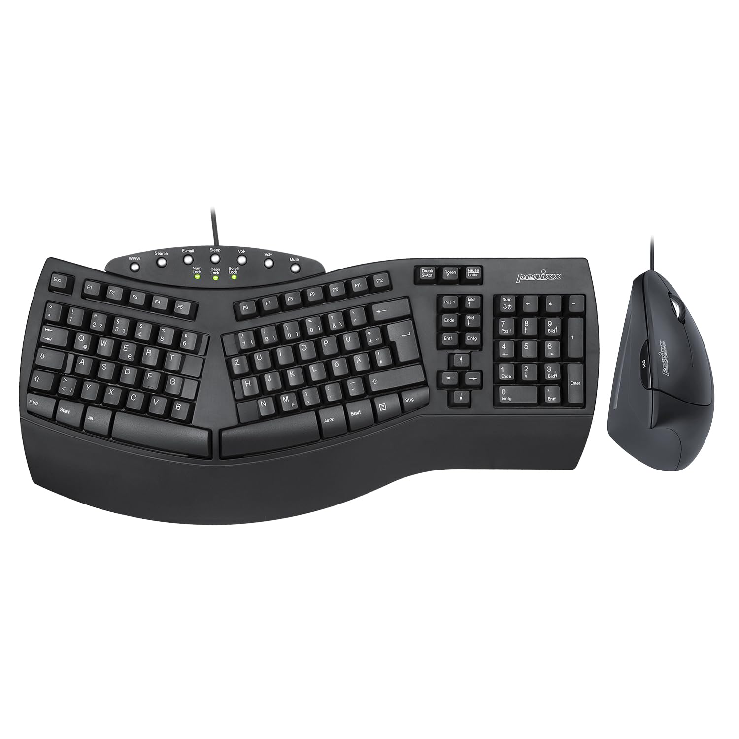 Perixx PERIDUO-512B Ergonomisches Tastatur- und Maus-Set - Vertikale Design-Maus, Kabelgebunden, USB, Schwarz - Komfortables QWERTZ Layout Kabelgebunden Set Schwarz Angebot bei HelloDeals