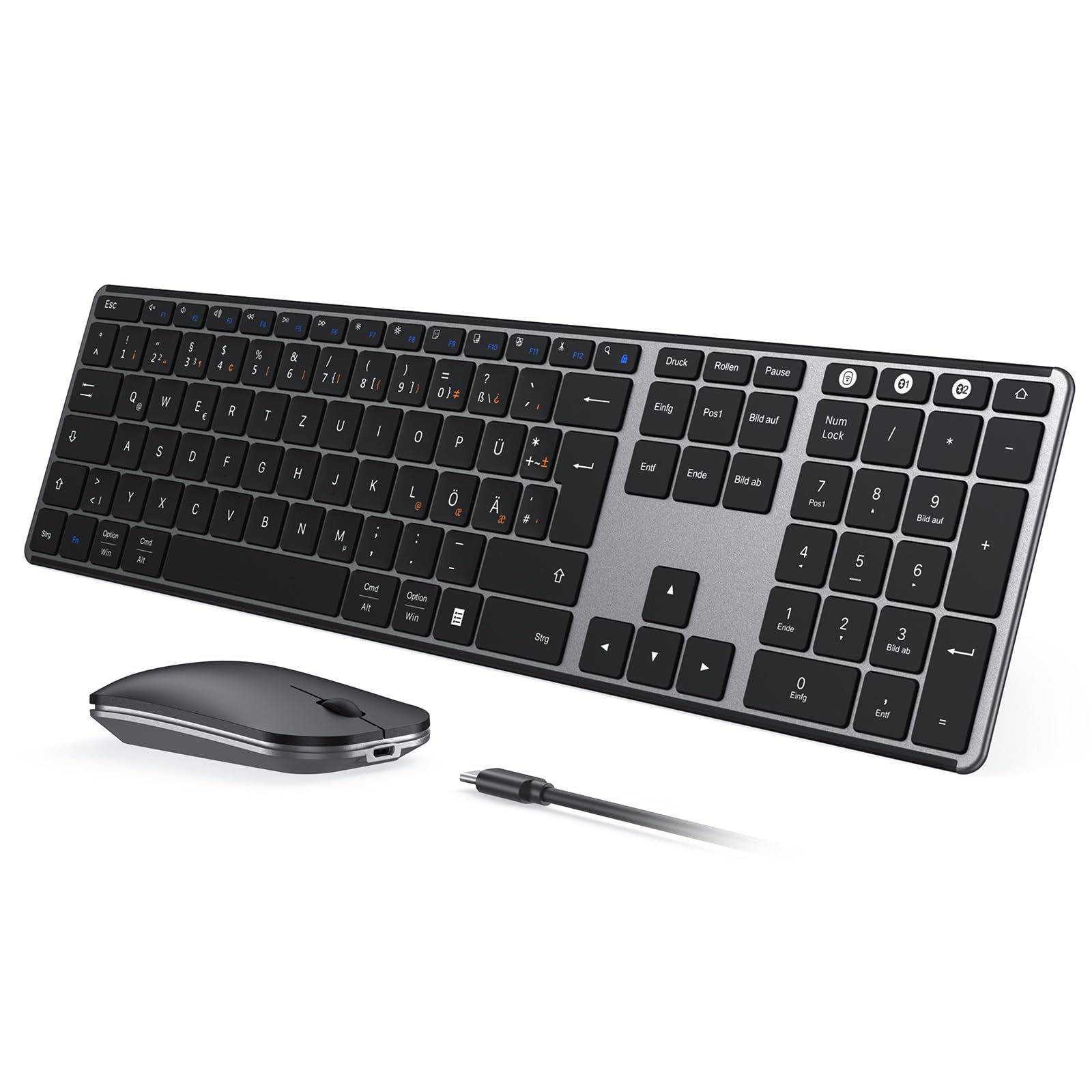 seenda SKM64-3 Bluetooth Tastatur mit Maus, Wiederaufladbare Dualmodus USB & Bluetooth Tastatur aus Metall, Ultradünne Leise Tastatur Maus Set kabellos für PC/Tablet/MacOS, QWERTZ Layout(Grau) Angebot bei HelloDeals