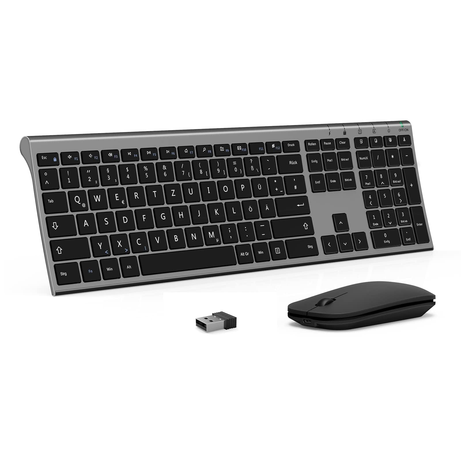 Kabelloses Tastatur Maus Set, seenda KS15F 2.4G Ultraflach Wireless Tastatur und Maus Aufladbar aus Aluminium, Deutsch QWERTZ Funktastatur Dünn für Windows/PC, Computer, Laptop(Grau und Schwarz) Angebot bei HelloDeals