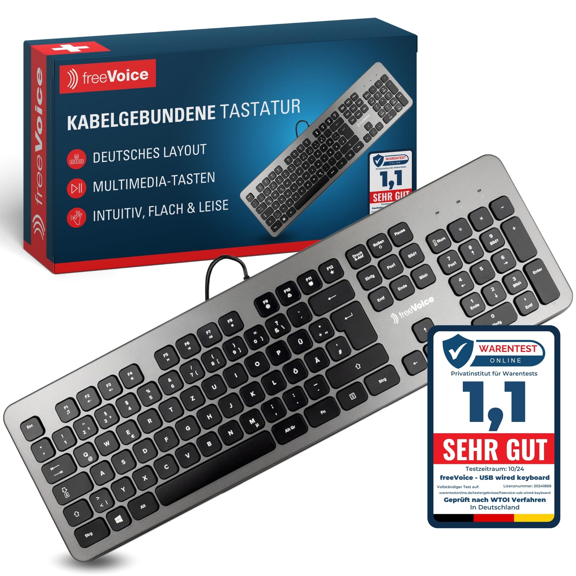 freeVoice PC Tastatur mit Kabel I Leises kabelgebundene Tastatur mit USB A Stecker I Hochwertiges Keyboard für Laptop & Computer I rutschfest & Flach I Keyboard für Büro, Home-Office & Zuhause Angebot bei HelloDeals