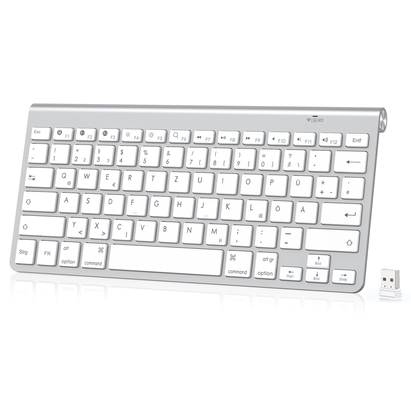 PINKCAT Tastatur Kabellos, 2,4 G USB & Bluetooth Tastatur Deutsches QWERTZ Layout Kompakte Mini Keyboard mit Multimedia-Tasten, Keyboard PC, Kompatibel mit Notebook, Laptop, PC, Windows (Silber) Angebot bei HelloDeals