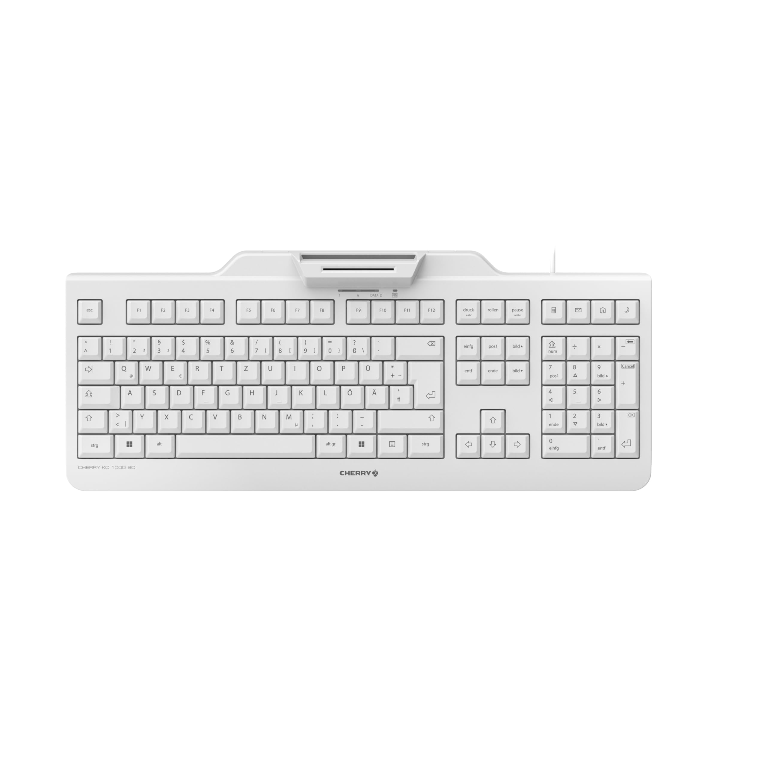 CHERRY KC 1000 SC, Kabelgebundene Security-Tastatur mit integriertem Kartenleser, Deutsches Layout (QWERTZ), Plug & Play (USB-A), Flaches Design, Weiß-Grau Weiß-Grau Deutsches Layout - QWERTZ Angebot bei HelloDeals
