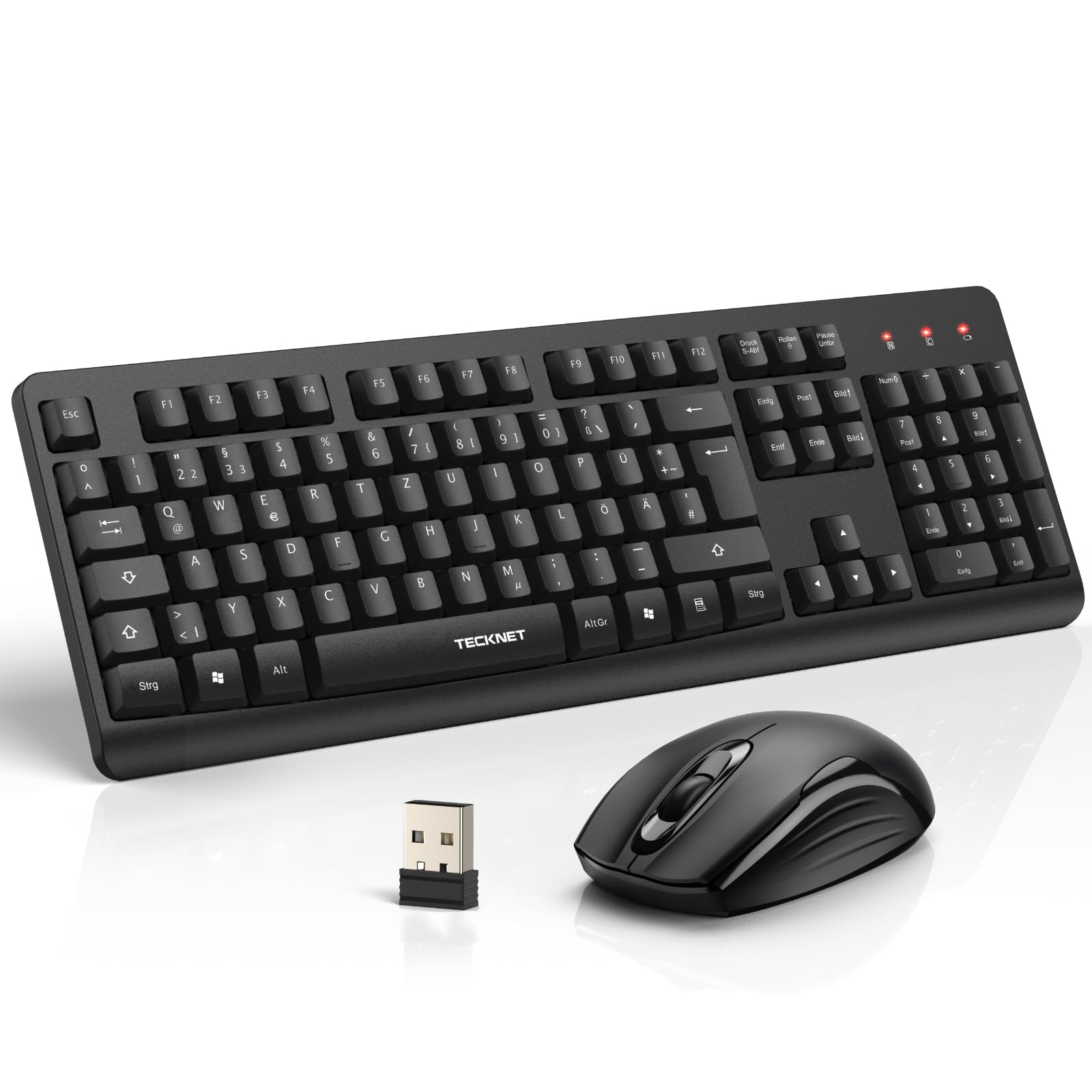 TECKNET Tastatur Maus Set Kabellos, QWERTZ Layout Funktastatur mit Maus, Vollformat, Spritzwassergeschützt, 2,4-GHz Maus und Tastatur Kabellos mit 2-in-1 USB Nano Empfänger für PC/Laptop/Mac Schwarz Angebot bei HelloDeals