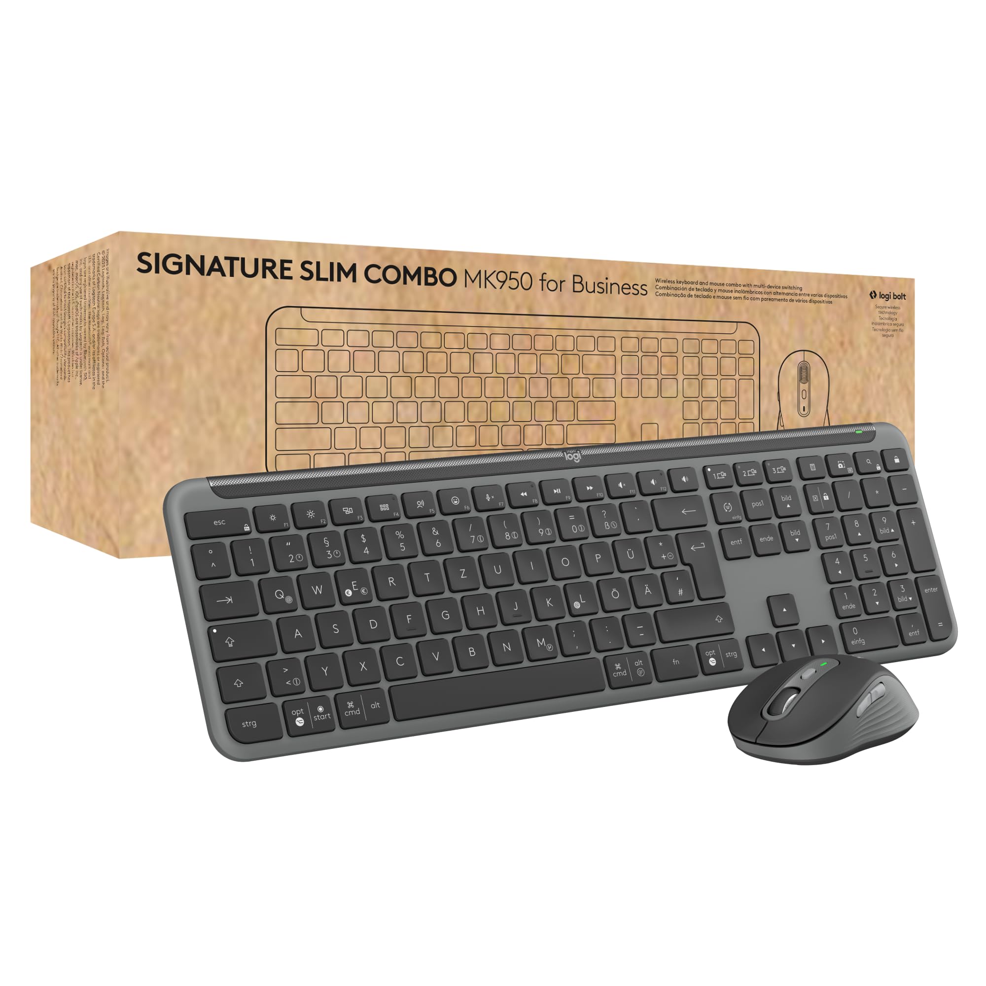 Logitech Signature Slim MK950 for Business kabelloses Tastatur-Maus-Set, leises Tippen, sicherer Empfänger, Bluetooth, weltweit Zertifiziert, Windows/Mac/Chrome/Linux, DEU QWERTZ-Layout, Grafit Angebot bei HelloDeals