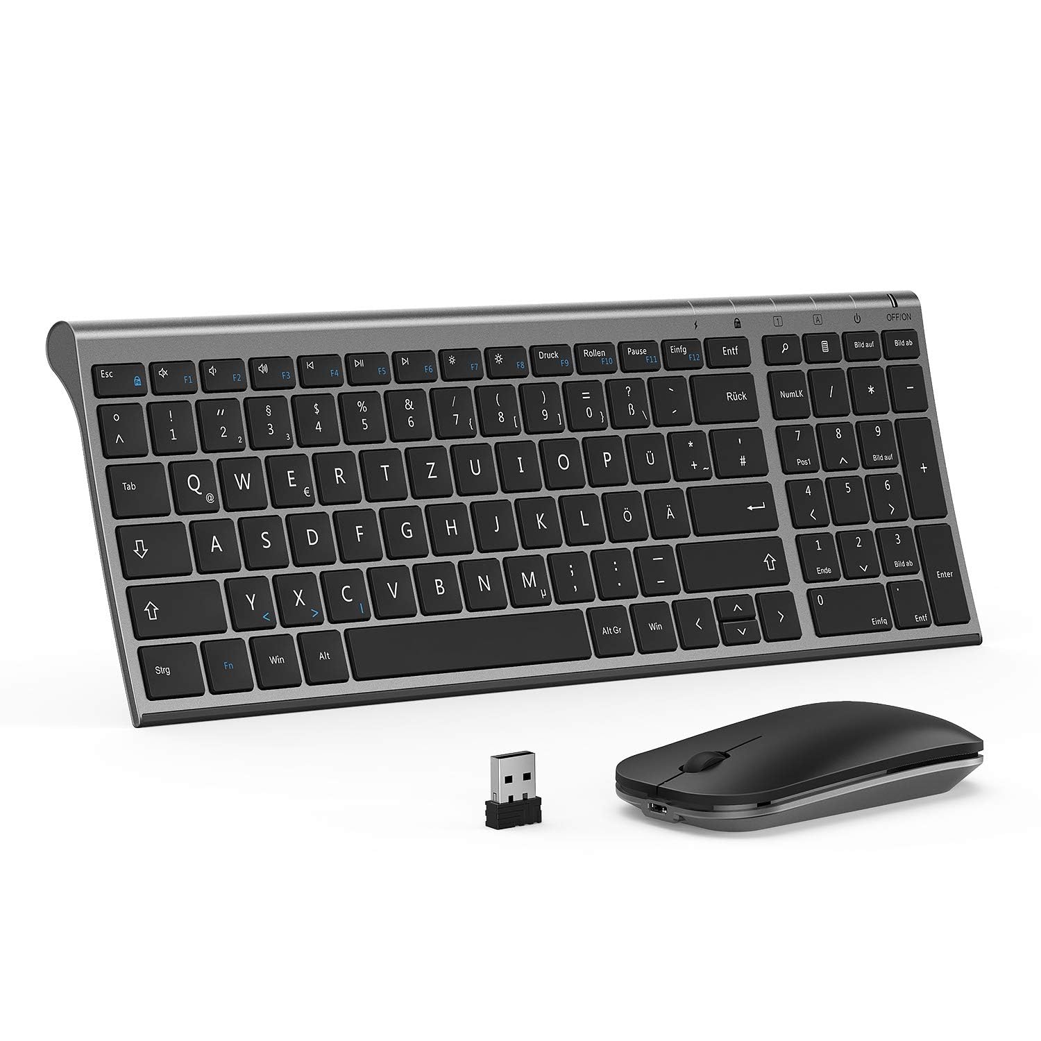 seenda WGJP-031B Tastatur Maus Set Kabellos, Wiederaufladbare Kleine Funktastatur mit Maus, Leise Tastatur mit Aluminiumgehäuse für PC/Laptop/Smart TV, QWERTZ Layout, Grau Angebot bei HelloDeals