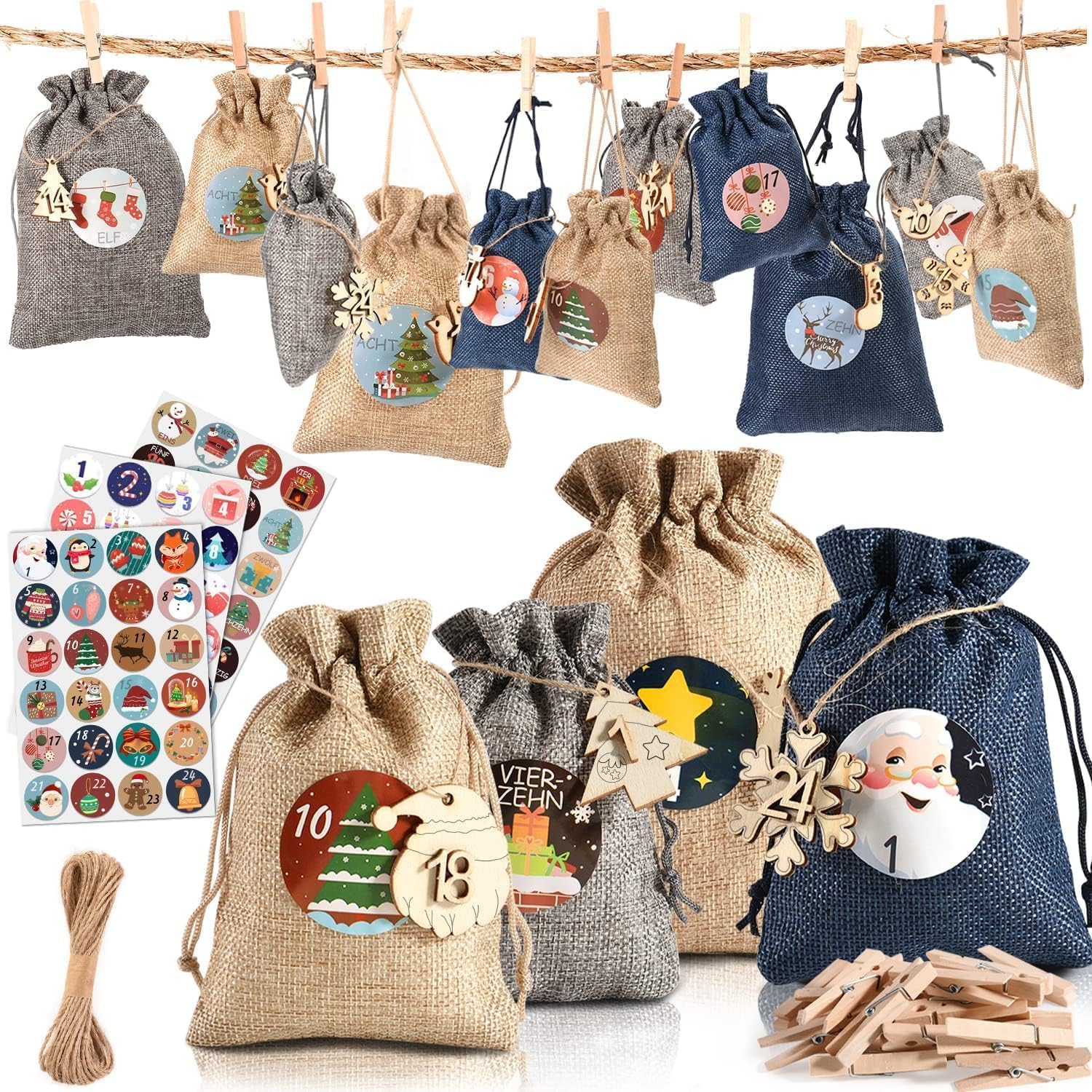 Adventskalender zum Befüllen Groß, 24 Adventskalender zum Befüllen Stoff mit Holzetikett, Weihnachtskalender Zum Befüllen, Jutesäckchen adventskalender säckchen Angebot bei HelloDeals