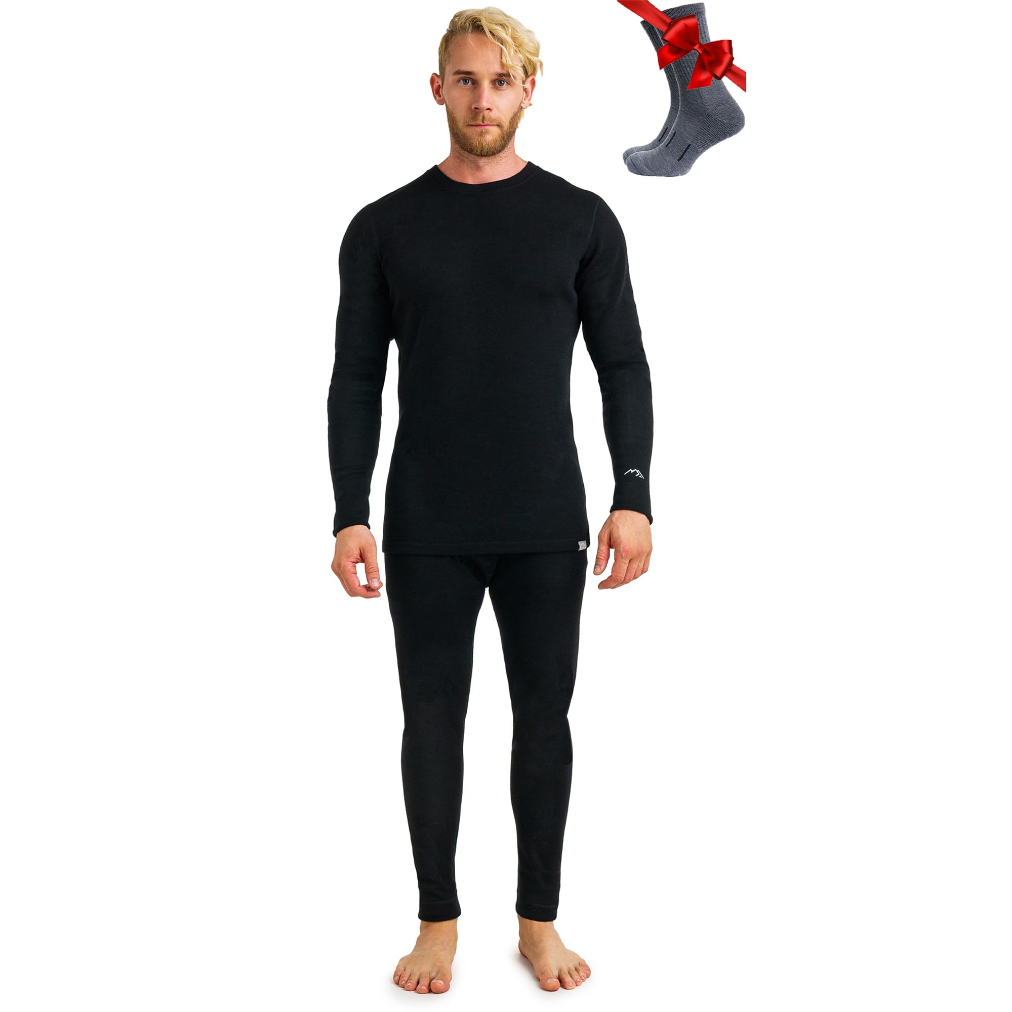 Merino.tech 100% Merino Unterwäsche Herren Set - Leicht, Mittelgewicht, Thermounterwäsche Merinowolle, Langarm Shirt und Hose + Wandersocken aus Merinowolle L 320 Black Angebot bei HelloDeals