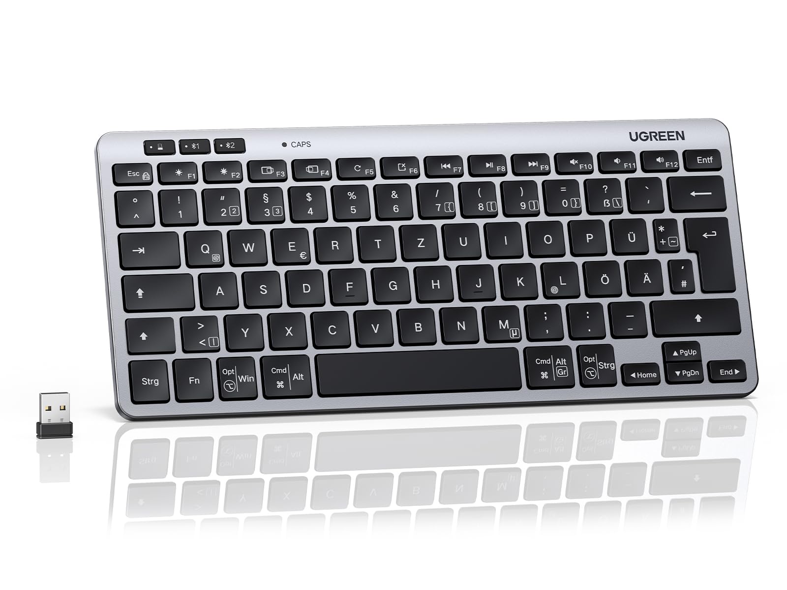 UGREEN Bluetooth Tastatur Kabellos (BT5.3+2.4G), Schlanke Scherenmechanik für Leises Tippen, Bis zu 500 Tage Batterielebensdauer, Kompatibel mit Windows/macOS, Tragbare Mini Tastatur-QWERTZ Layout Angebot bei HelloDeals