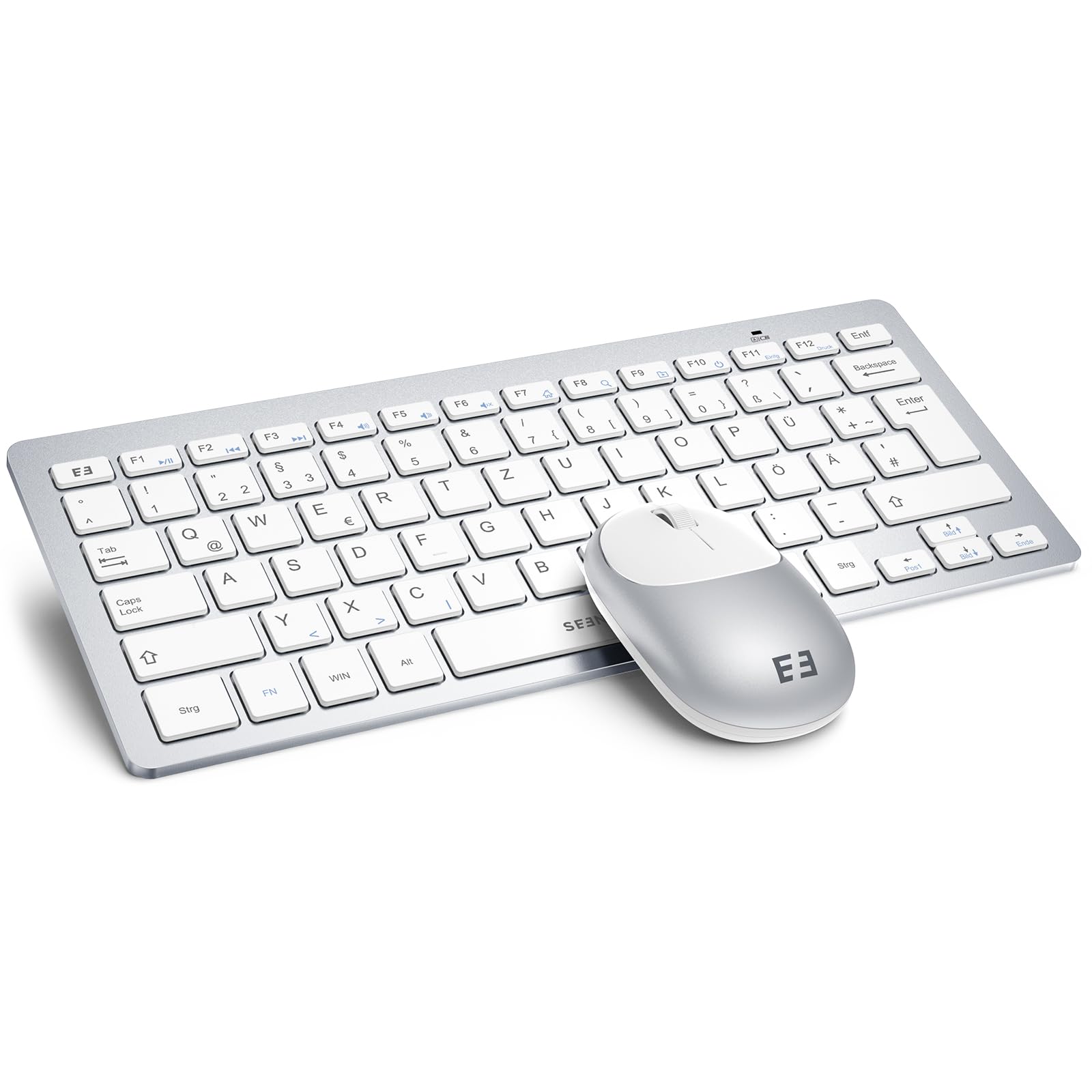 seenda Funktastatur mit Maus, Kleine Tastatur Maus Set kabellos mit USB Empfänger für PC/Laptop/Desktop/TV, Ultradünne 70% Tastatur mit QWERTZ Layout, Weiß & Silber Weiß&Silber Angebot bei HelloDeals