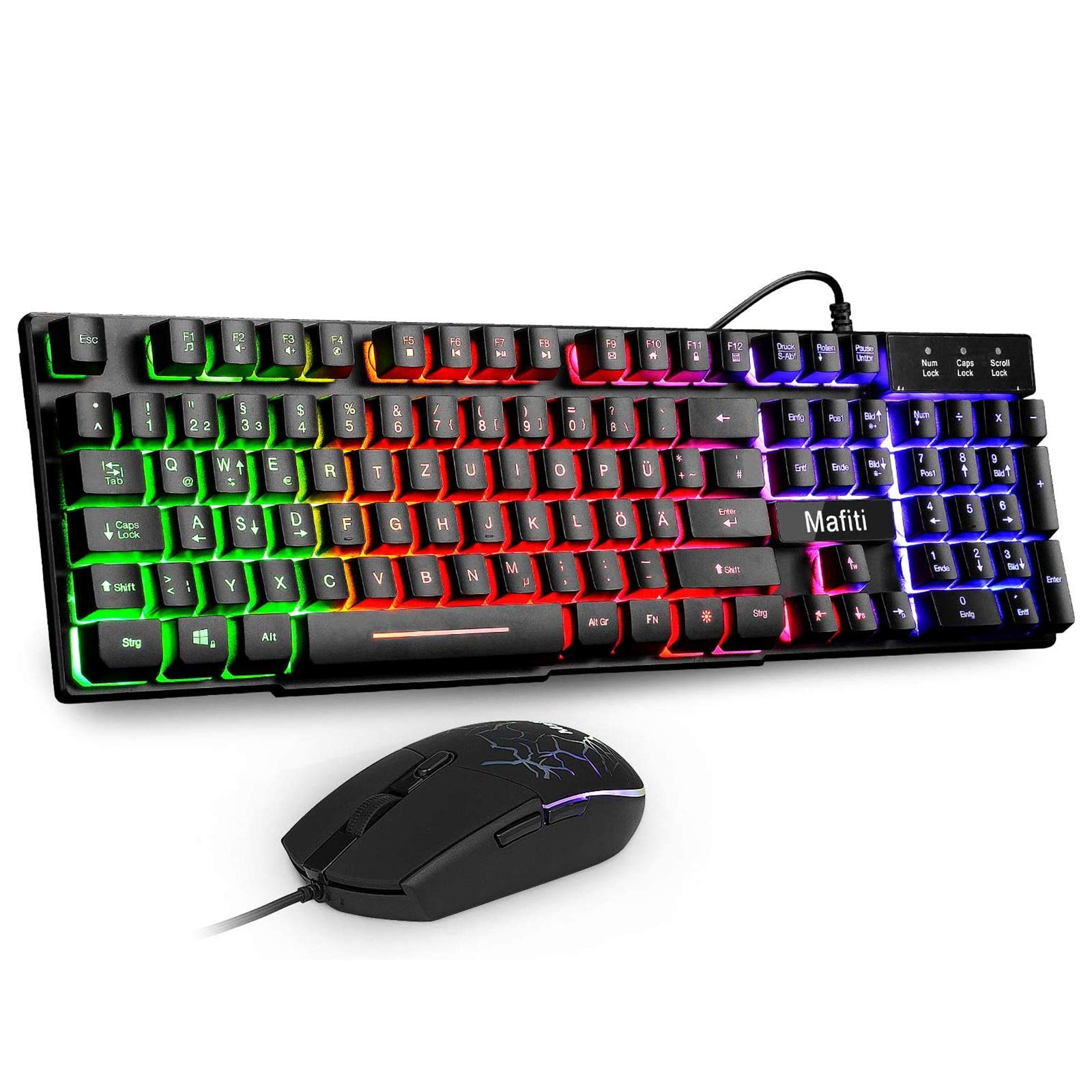 mafiti Tastatur und Maus Set, Kabelgebundenes, LED Hintergrundbeleuchtung QWERTZ (DE-Layout), Regenbogen Farben Beleuchtetung für Gaming und Büro Angebot bei HelloDeals