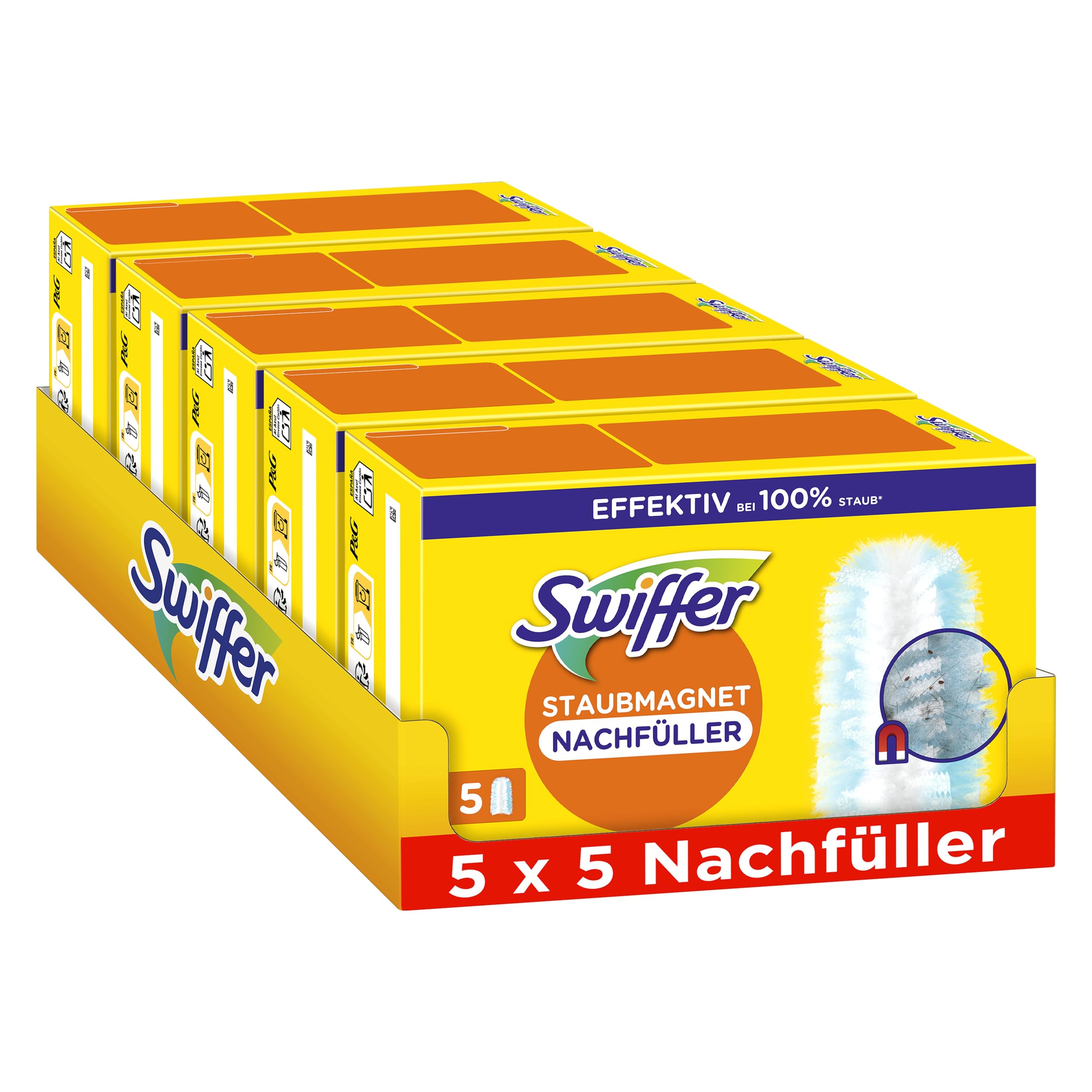 Swiffer Staubmagnet Nachfüllpackung, 25 Tücher (5×5), Fängt Und Schließt 3-mal Mehr Staub Und Haare Ein Als Herkömmliche Staubwedel 25 Tücher (5x5) Angebot bei HelloDeals