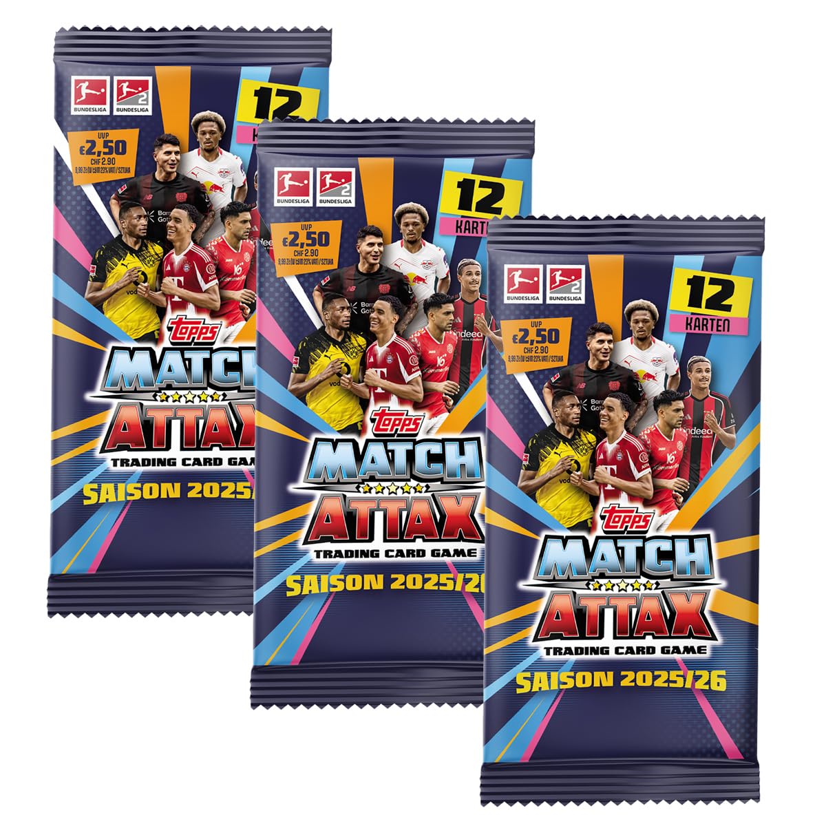 Match Attax Bundesliga Sammelkarten 2025/26 | 3X Booster Packs | Triple-Bundle mit je 12 Karten pro Pack | Fußball Trading Cards Sammelset Angebot bei HelloDeals