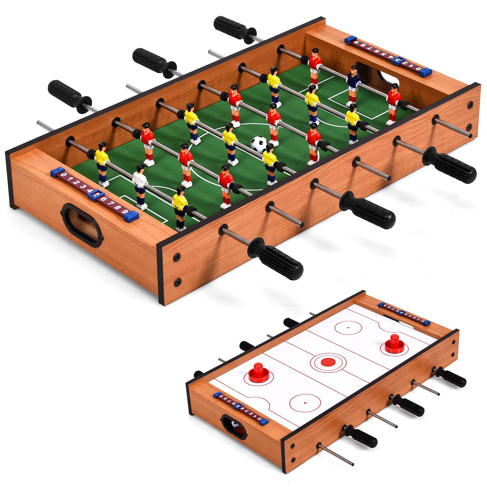 DREAMADE 2 in 1 Multi- Spieltisch, Mini Kickertisch Air Hockeytisch aus Holz & Eisenrohr, Fußballtisch Game Tisch mit Rutschfestem Griff, Tischkicker für die Ganze Familie, für Kinder & Erwachsene Angebot bei HelloDeals