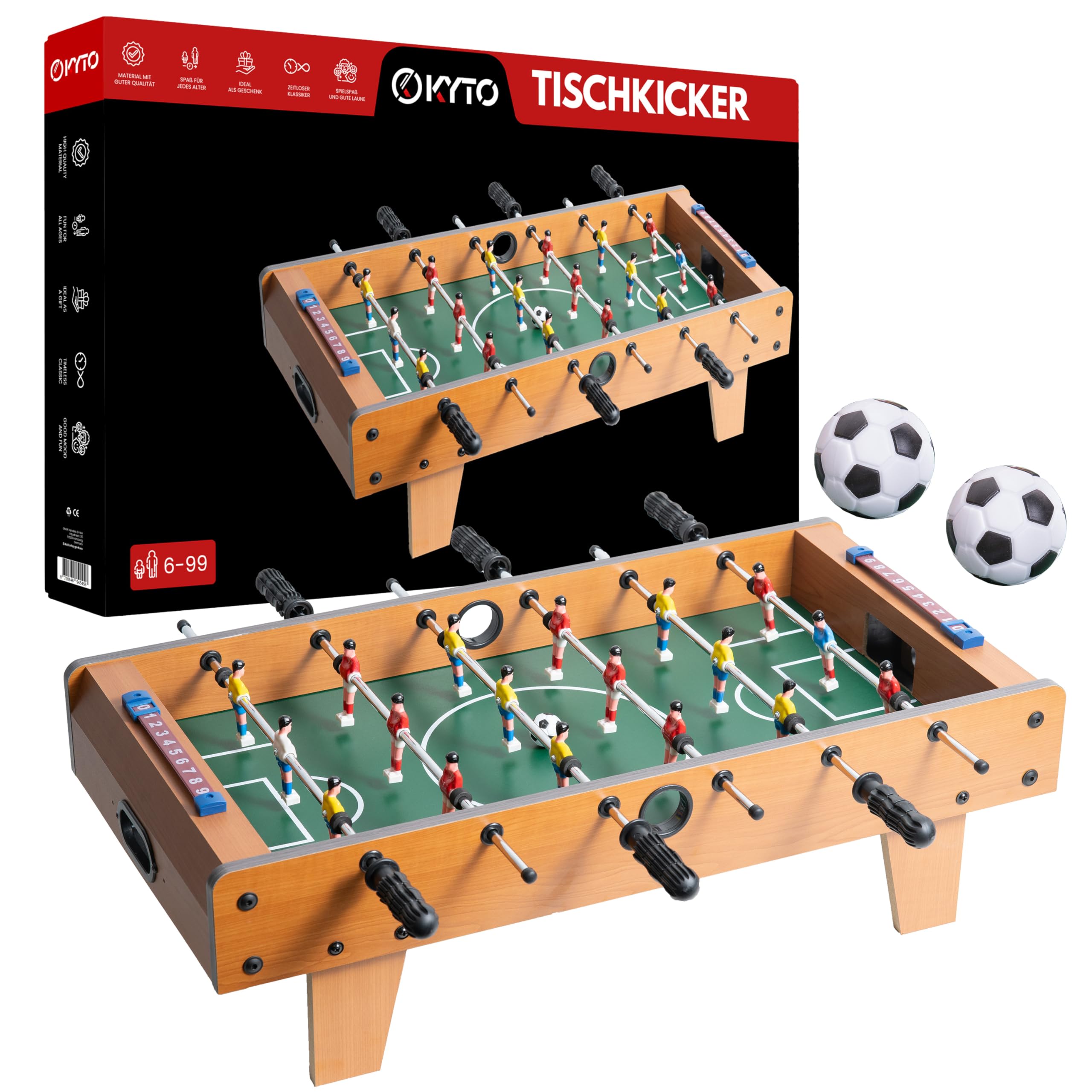 Kyto Kickertisch Kinder und Erwachsene, Tischfussball & Mini Tischkicker, 70x35x20cm oder 51x31x10 cm, aus Holz, Inkl. 2X Kicker Bälle 70x35cm Angebot bei HelloDeals