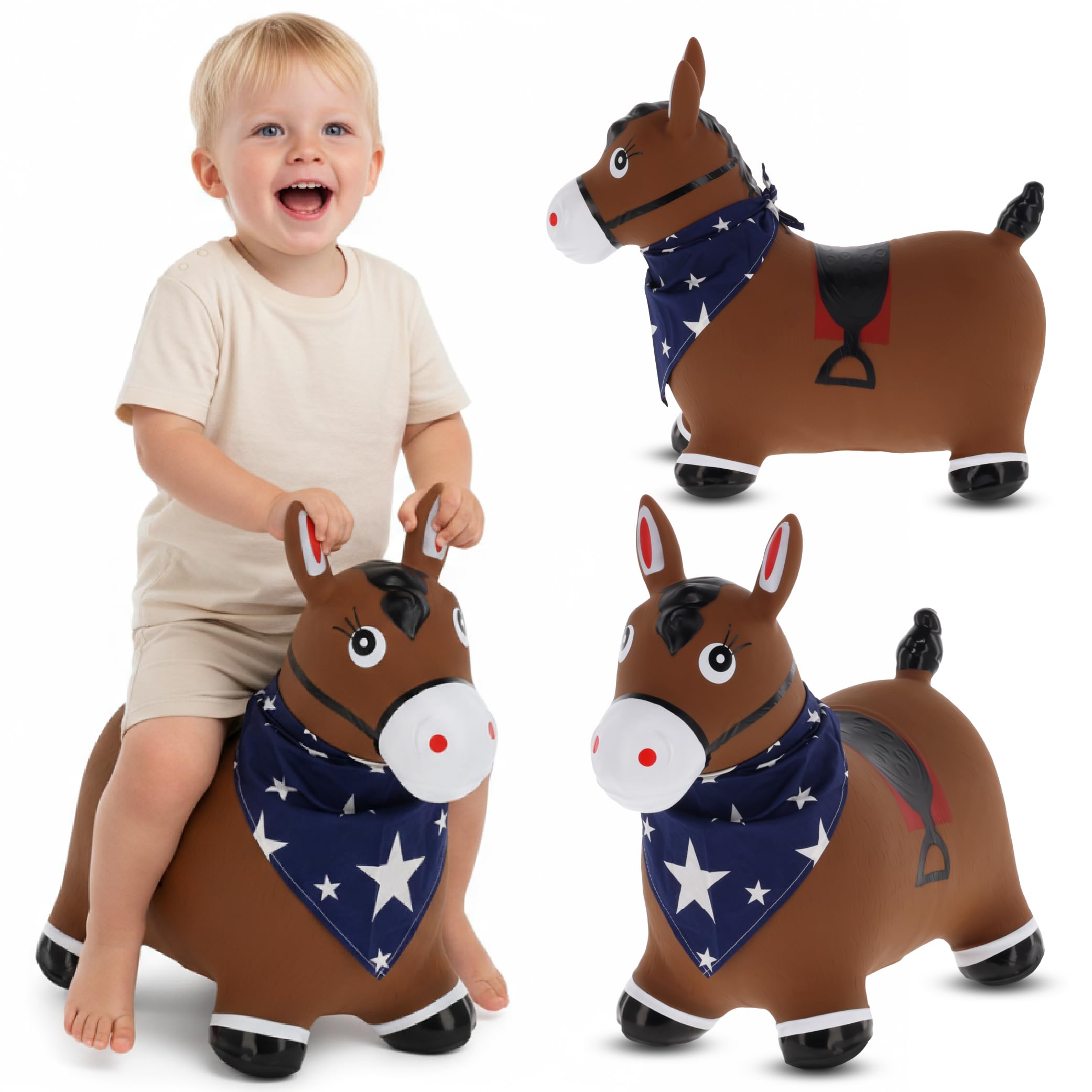 sun baby Hüpftiere ab 1 Jahr mit Pumpe aufblasbares Hüpfspielzeug aus Hochwertigem und Strapazierfähigem Gummi, Verschiedene Designs (Braunes Pferd mit Kopftuch) Angebot bei HelloDeals
