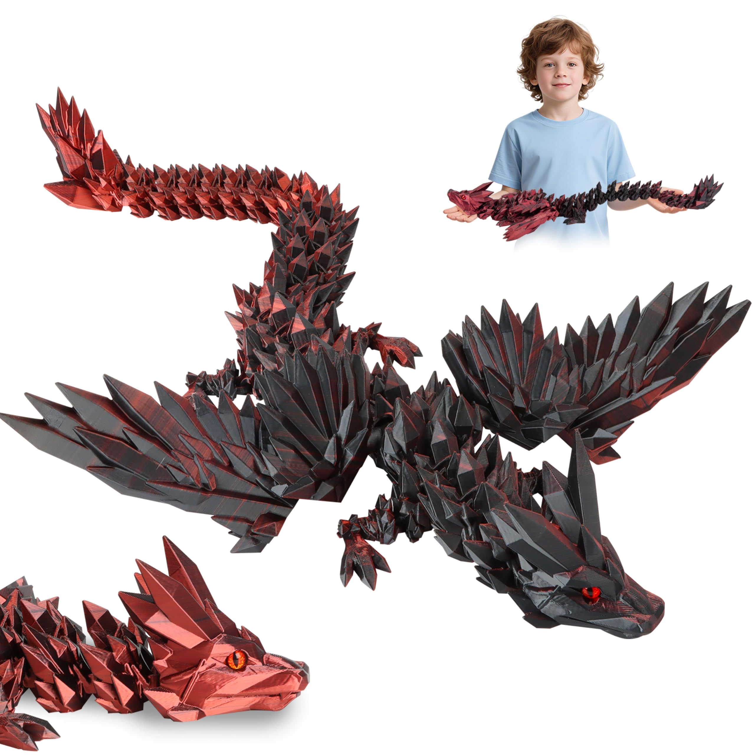 JONRRYIN 3D Gedrucktes Drache, 60CM Drachen Spielzeug mit Augen, Kreative Spielzeug und Deko, Erwachsene Kinder Drachen 3D Deko Schreibtischspielzeug Geschenke Schwarz Rot Angebot bei HelloDeals