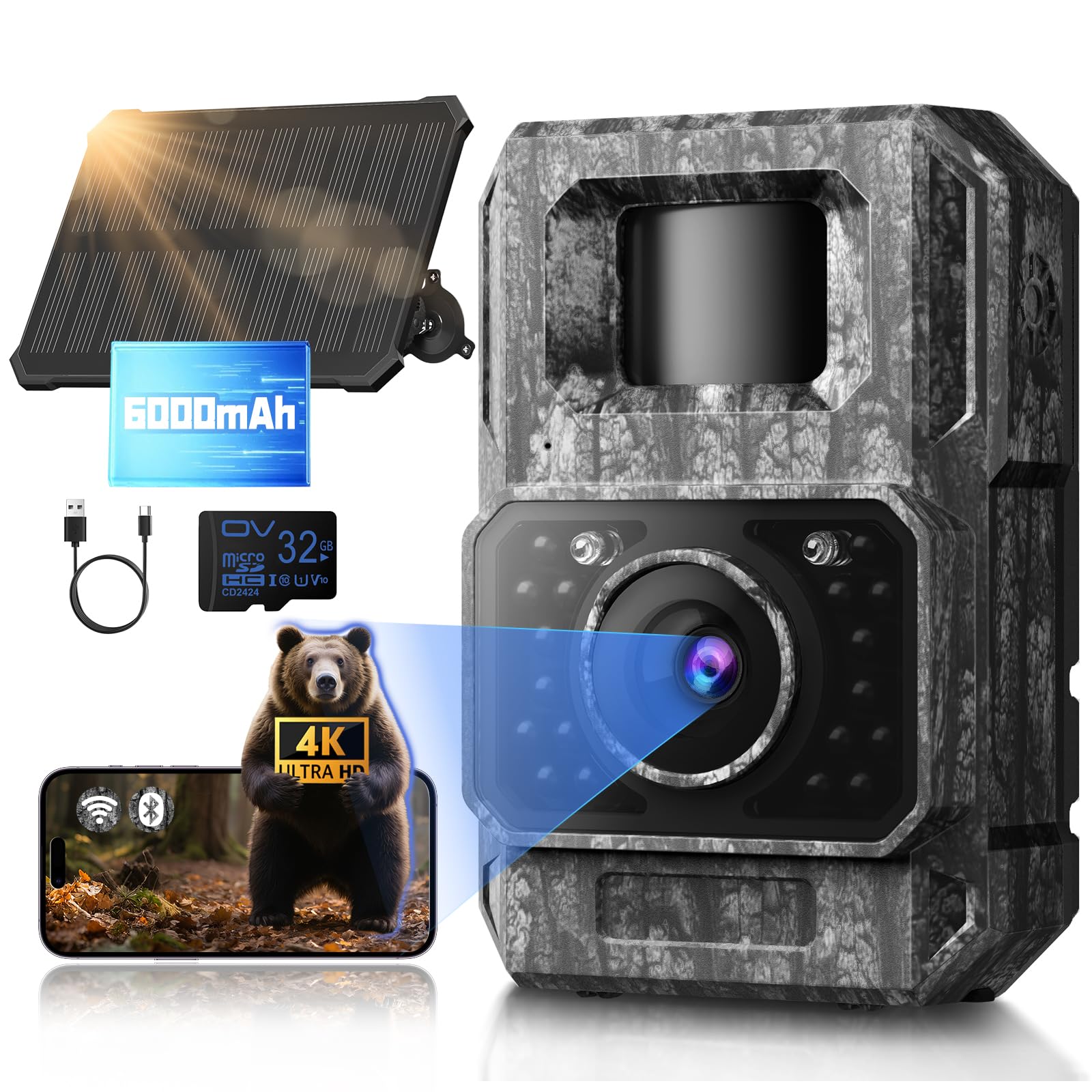 MAXDONE Wildkamera Solar WLAN mit Handyübertragung App - 4K 64MP Wildtierkamera Bluetooth mit Bewegungsmelder Nachtsicht 6000mAh Lithium-Batterie, 32GB SD-Karte, Nachtsichtkamera IP66 Angebot bei HelloDeals