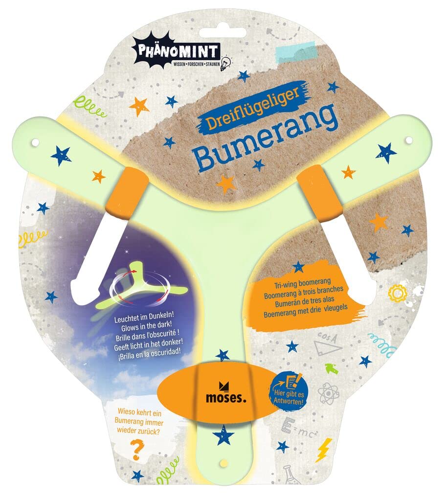 moses. 30320 PhänoMINT Bumerang, Wurfspiel für Kinder, Im Dunkeln leuchtender Boomerang, Dreiflügelig und mit spannenden Informationen, nachtleuchtend, 1 Stück (1er Pack) Angebot bei HelloDeals