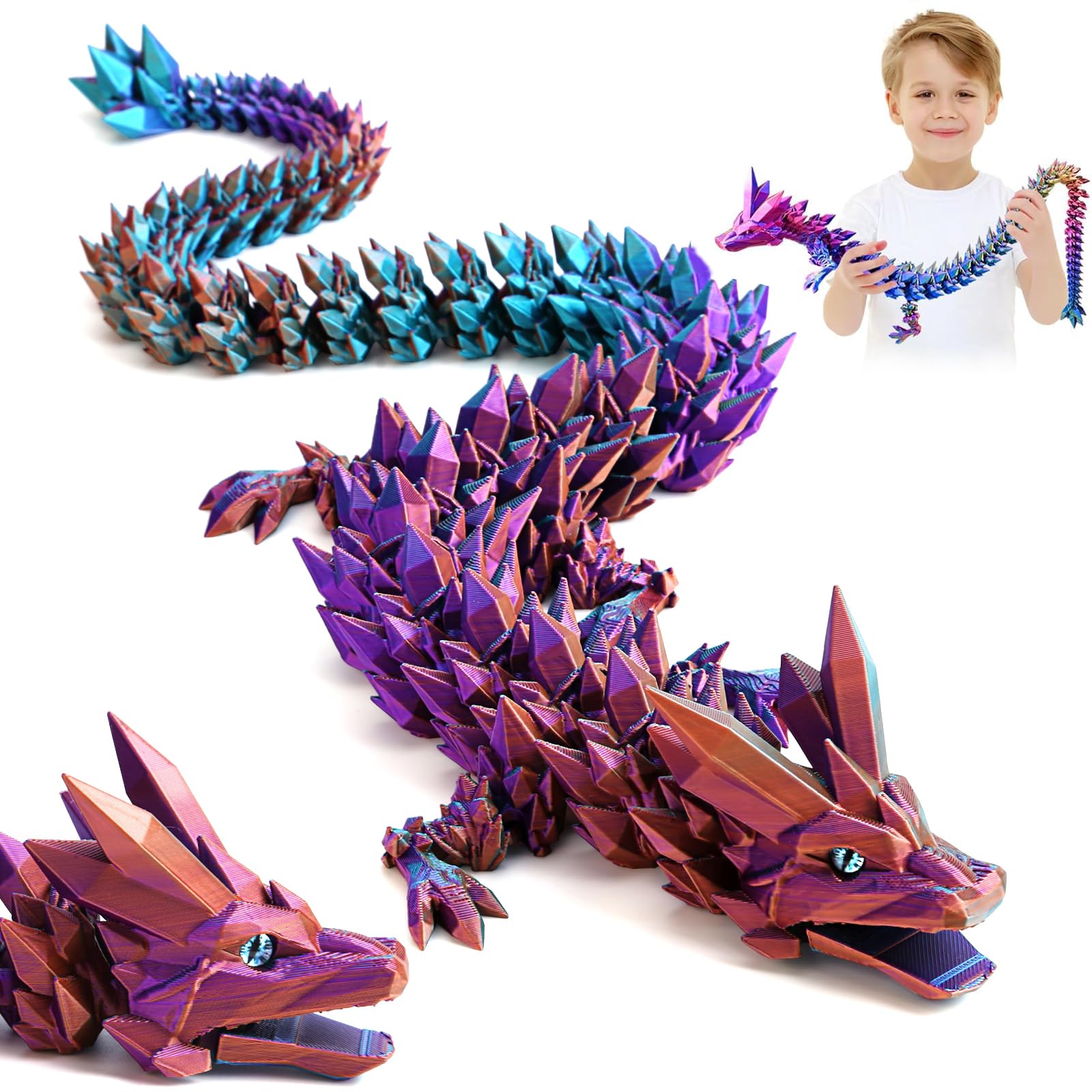 3D Gedrucktes Drache, 60CM Drachen Spielzeug mit Augen, Geheimnisvolle Realistische Drachen Figuren, Ewegliche Gelenke Kristall Drachen Deko Schreibtischspielzeug Magischer Farbverlaufsdrache Angebot bei HelloDeals