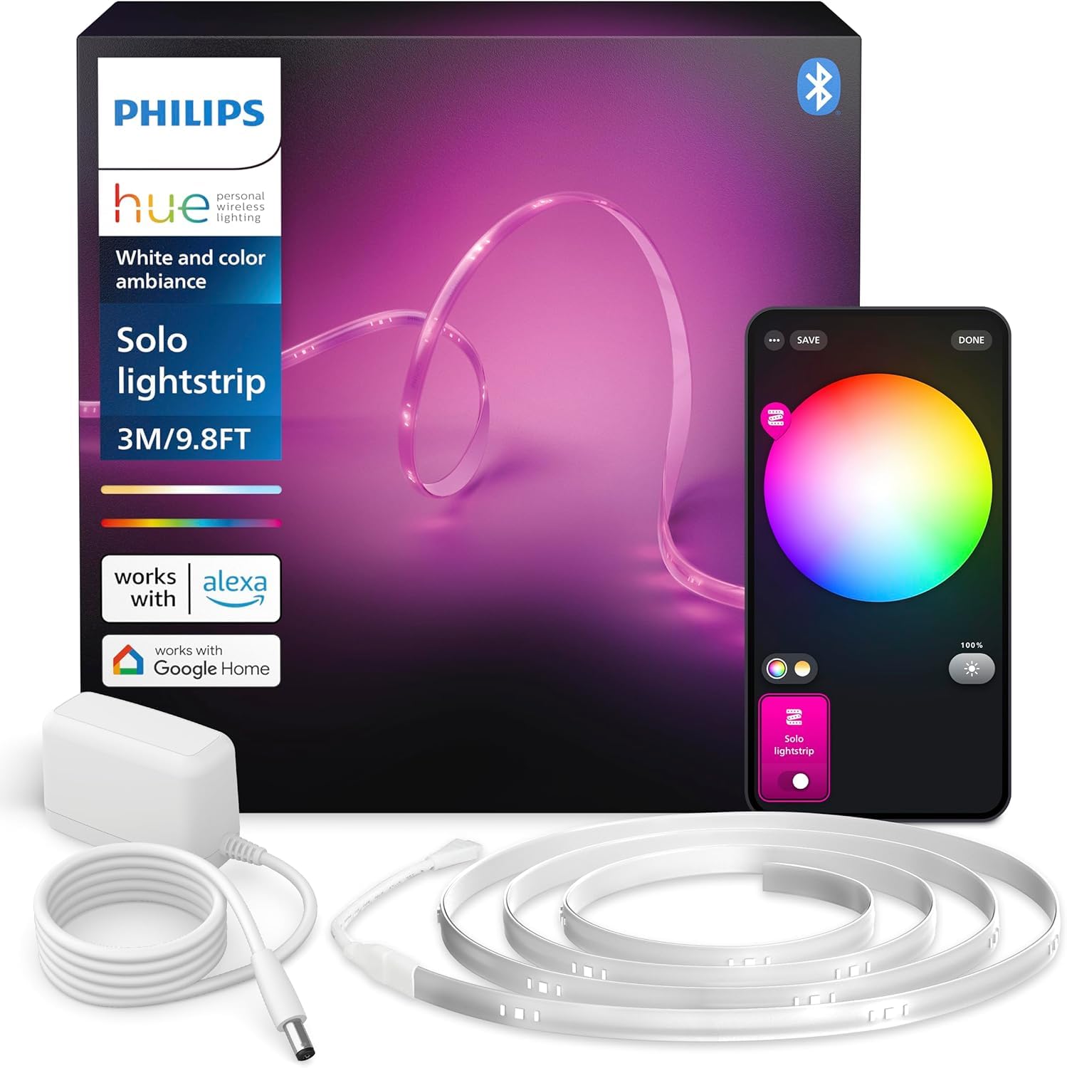 Philips Hue Indoor 3m Smart LED Solo Lightstrip Basis-Set, 1er-Pack, indirekte Beleuchtung mit der Hue App steuerbar, LED Streifen funktioniert mit Alexa, Google Assistant und Apple HomeKit Angebot bei HelloDeals