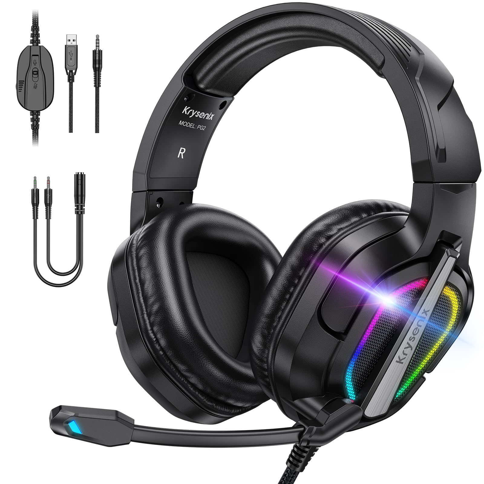 Krysenix PG2 RGB Gaming Headset für PS4, PS5, PC, Xbox, Nintendo Switch, Ps5 Gaming Headset mit Mikrofon, Xbox Gaming Kopfhörer mit LED, Noise Cancelling Kopfhörer mit 3.5mm Klinke,Reines Schwarz Angebot bei HelloDeals
