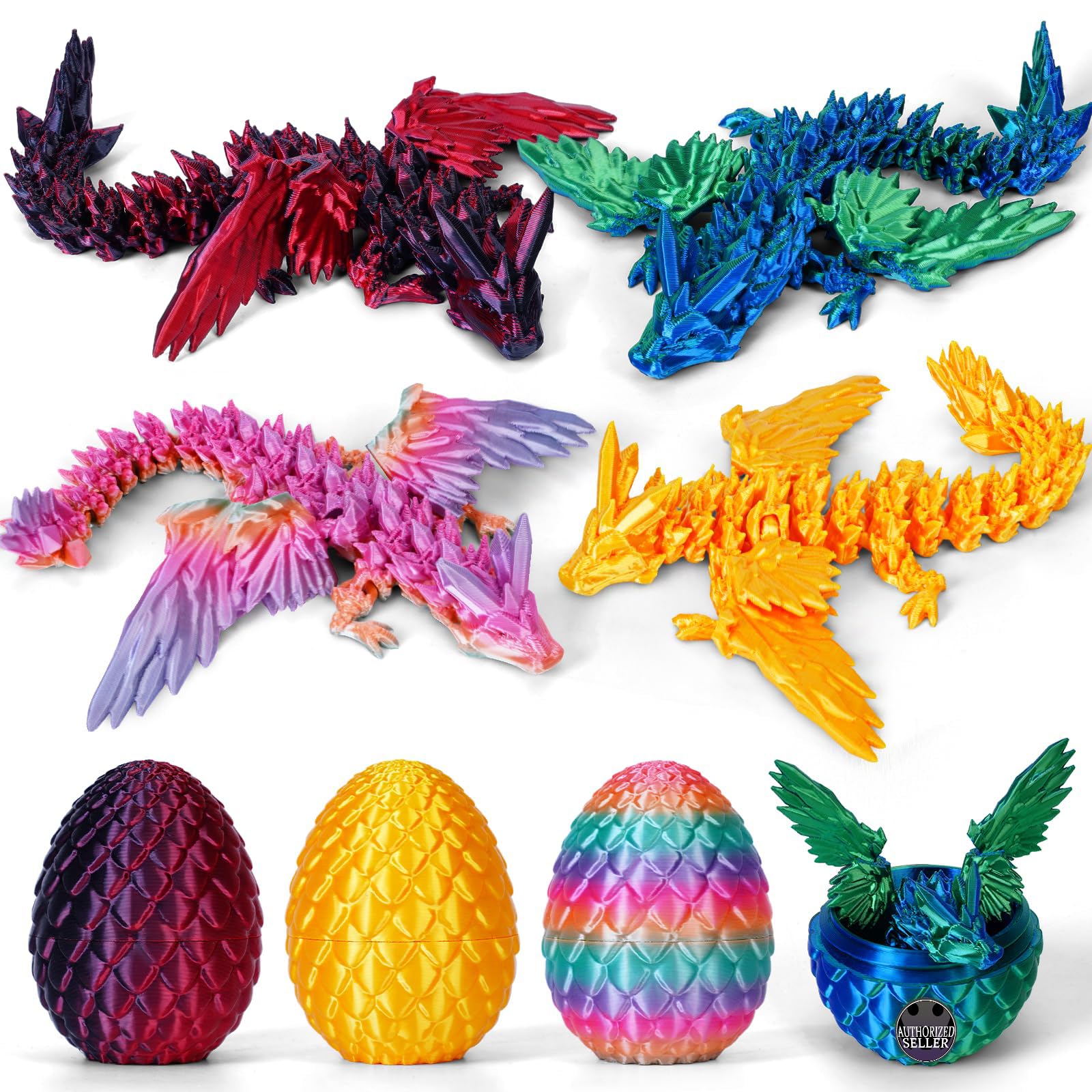 4er Set 3D-gedruckte Drachen mit Flügeln und Drachenei – Kreatives Spielzeug und Deko, Überraschungsei, Geschenk für Kinder (A) Angebot bei HelloDeals