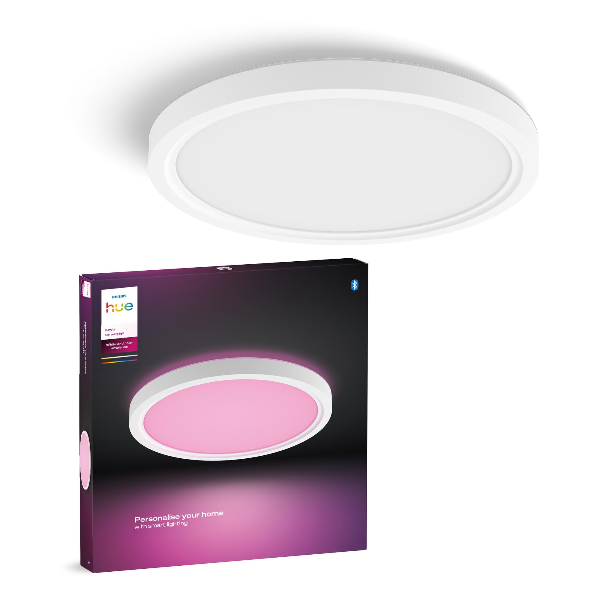 Philips Hue Devote Smart LED-Panel-Licht, weißes und farbiges Ambiente, rund 30 cm, 16,6 W, 2000 Lumen, weißer Rahmen für Innenbeleuchtung, Decke, Wohnzimmer, Küche, Flur S 1er Pack Angebot bei HelloDeals