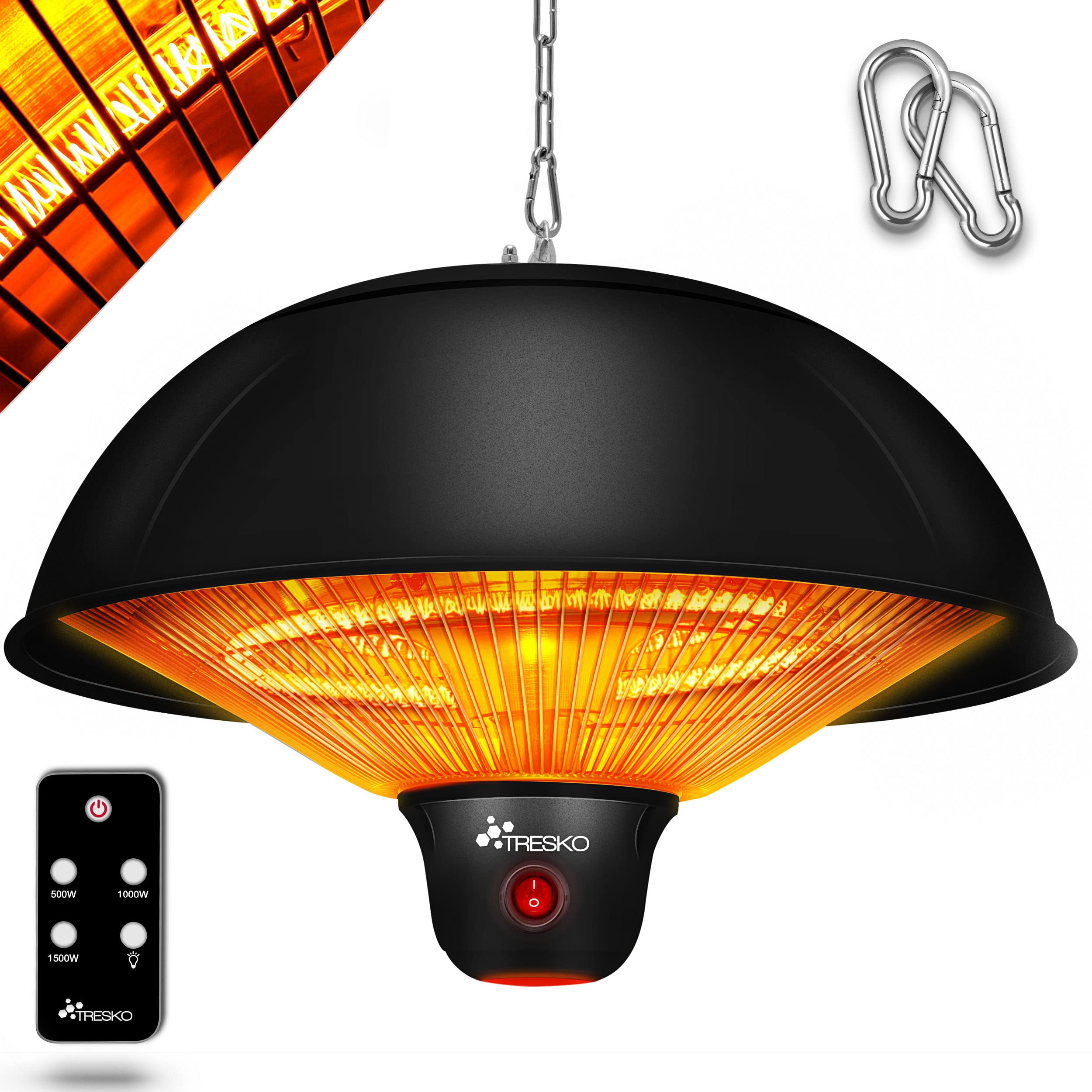 TRESKO Deckenheizstrahler 1500W mit Fernbedienung | Heizstrahler Wärmestrahler mit 3 Heizstufen | Terrassenstrahler Heizpilz Infrarot Innen & Außen | Infrarotstrahler Zeltheizer Decke Terrasse Schwarz Angebot bei HelloDeals