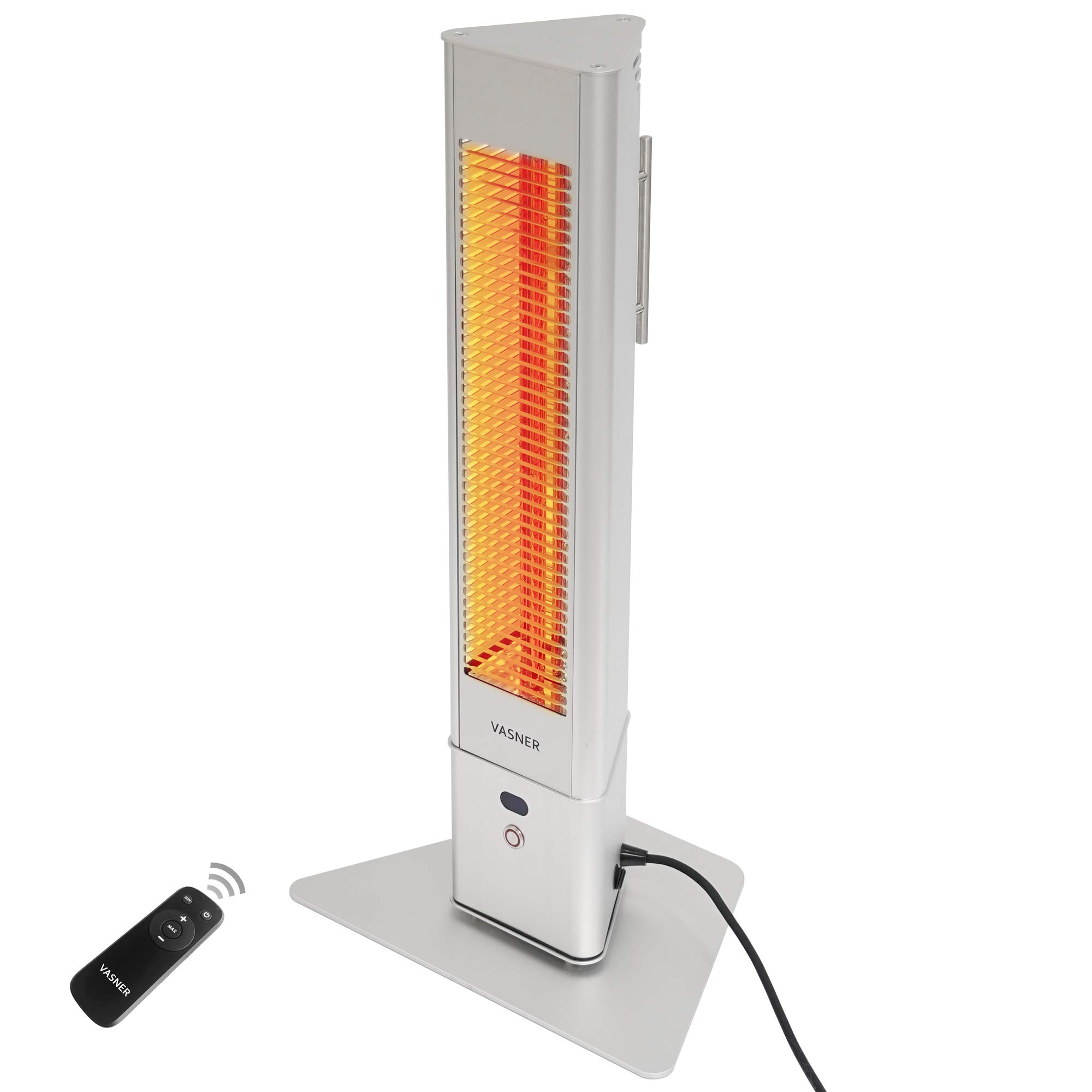 VASNER HeatTower Mini – Standheizstrahler, Infrarotstrahler 1500 W elektrisch, Fernbedienung, Heizstrahler mobil mit Standfuß für Garten Terrasse & Balkon (Silber) Angebot bei HelloDeals