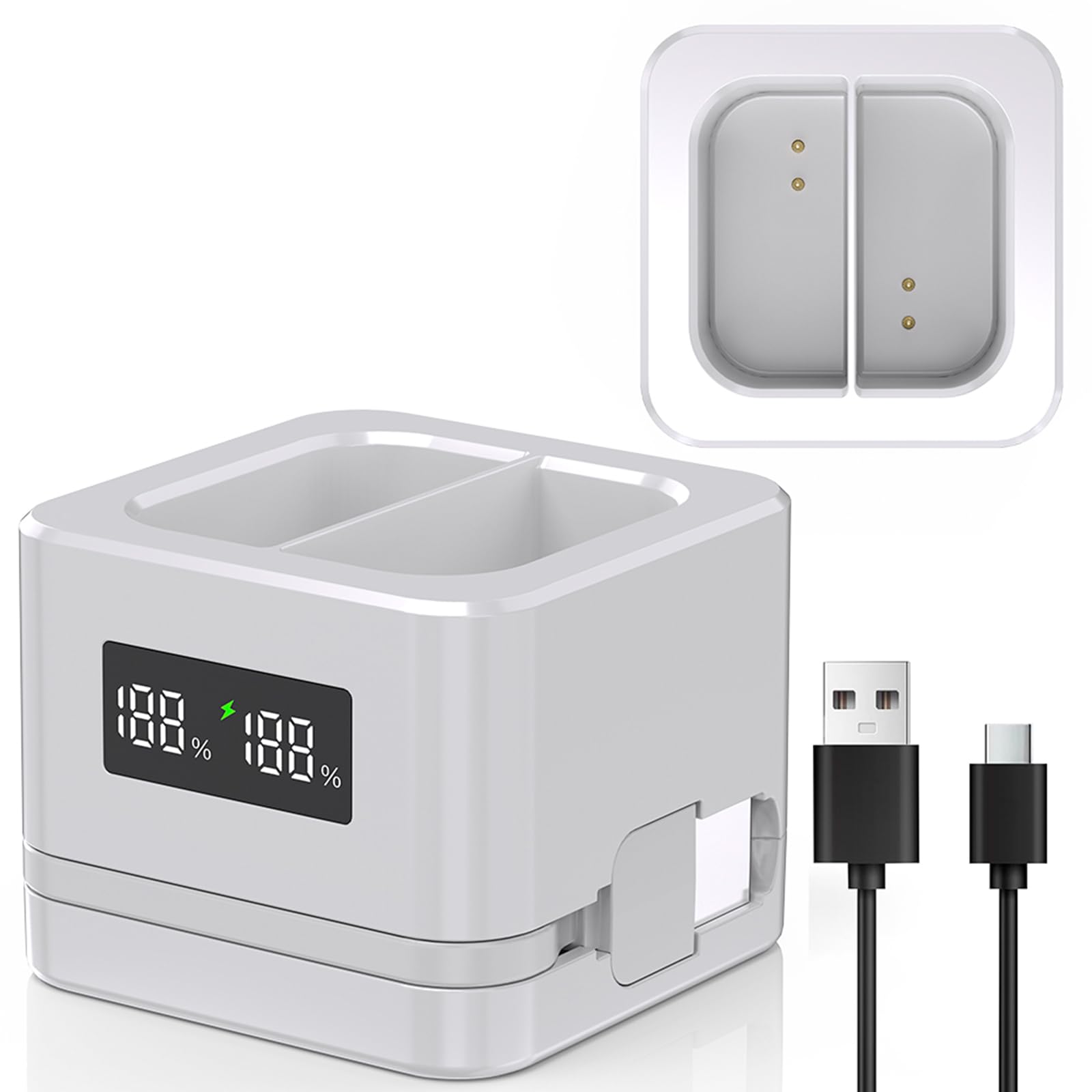 Doppel-Ladestation für Ring, Akku-Ladegerät mit digitalem LED-Display, kompatibel mit Ring Video Doorbell 2/3/4/3 Plus/Spotlight Cam, USB Typ-C, mehrere Ladeoptionen White-2 slots Angebot bei HelloDeals