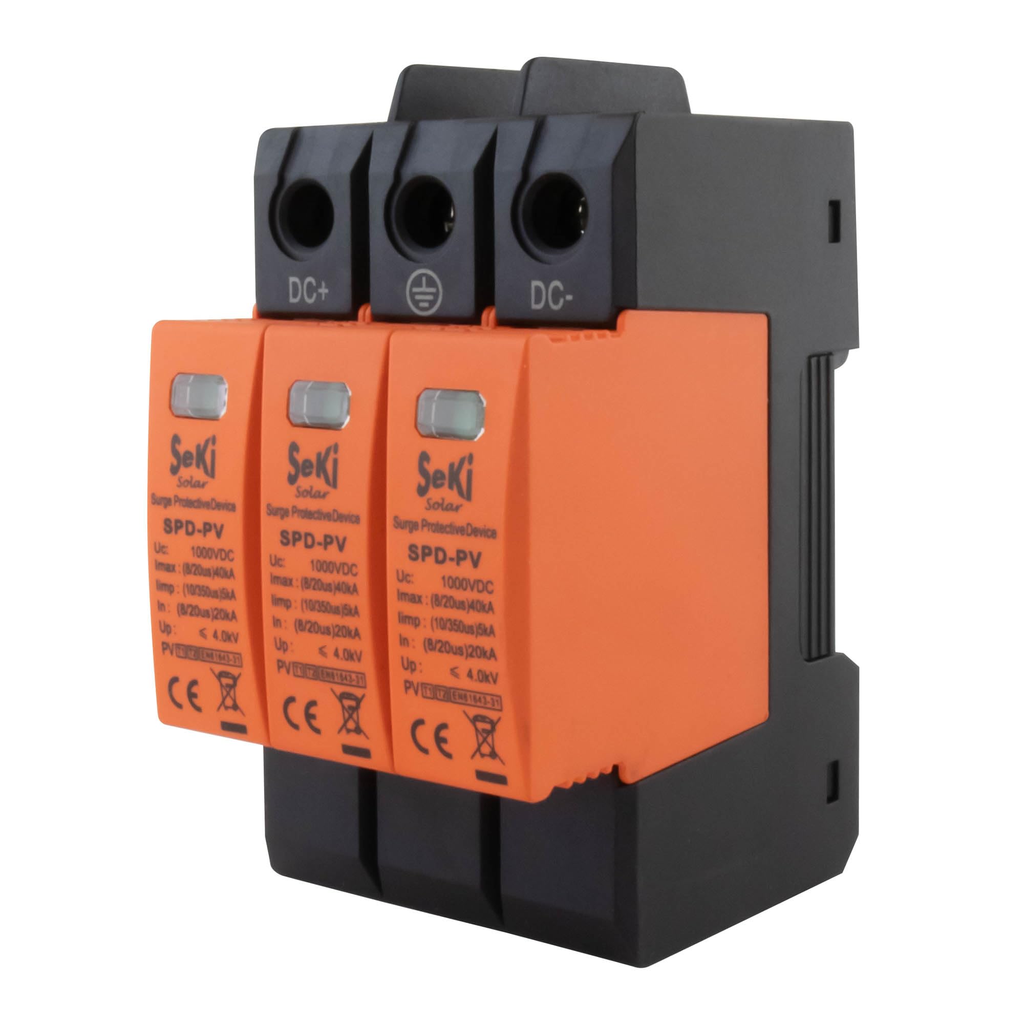 SeKi T1+T2 3P Überspannungsschutz Blitzschutz für Solar PV; 1000V DC, 40kA für DIN Hutschiene; Schutzklasse B + C (T1 + T2) Angebot bei HelloDeals