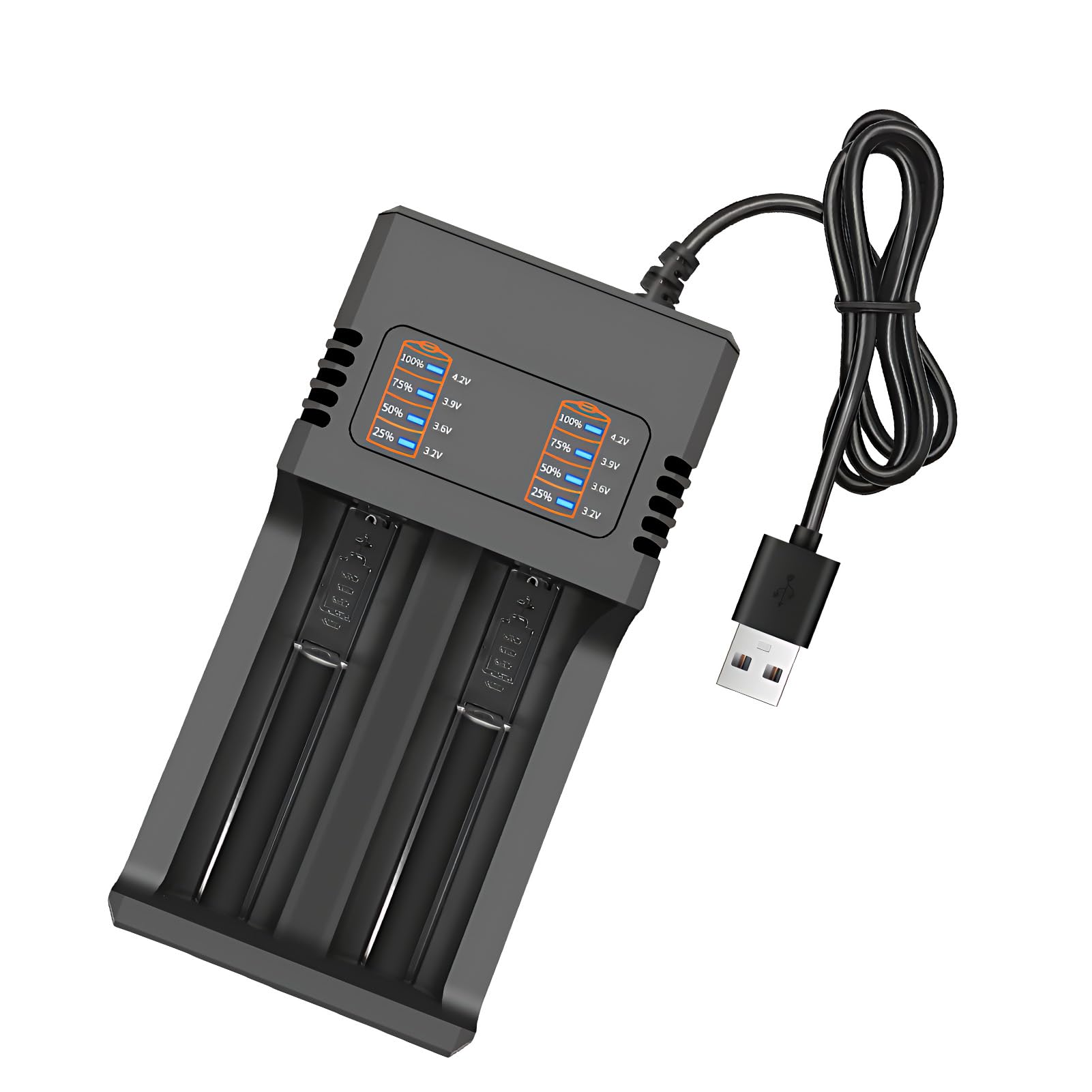 Akku Ladegerät für 18650 26650 21700 18490 16340 14500 10440, Akkuladegerät mit USB Kabel Batterieladegerät 2 Steckplatz Intelligenter Schnellladung für 3,7V Li-Ion Wiederaufladbare Akkus Angebot bei HelloDeals