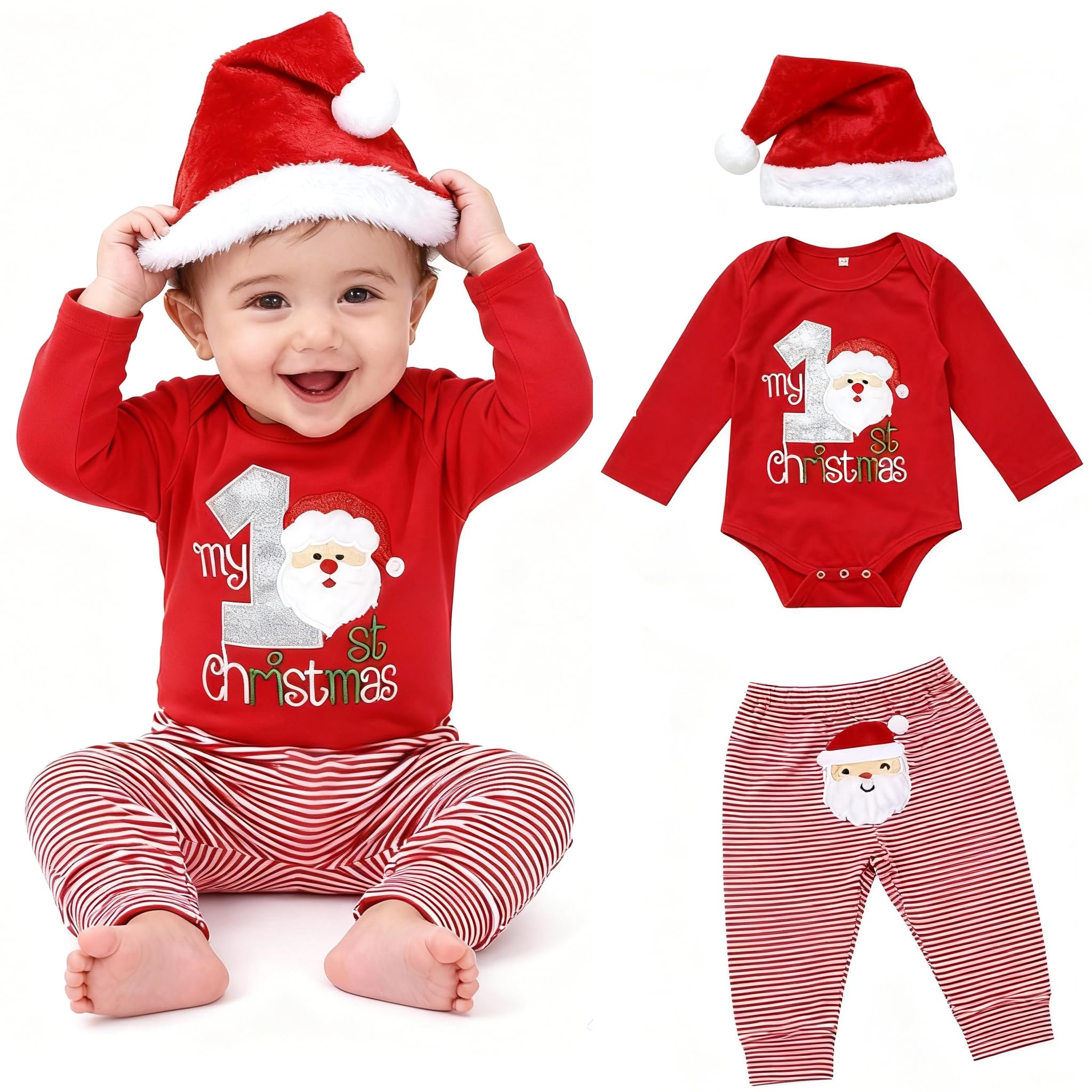 DaceStar Baby Weihnachtsoutfit Junge Mädchen My First Christmas Outfit Baby Weihnachtsoutfit Weihnachten Babykleidung Neugeborenen Set Weihnachtskleidung Santa Strampler+Hose+Hut 0-18 Monate 3-6 Monate Rot Angebot bei HelloDeals