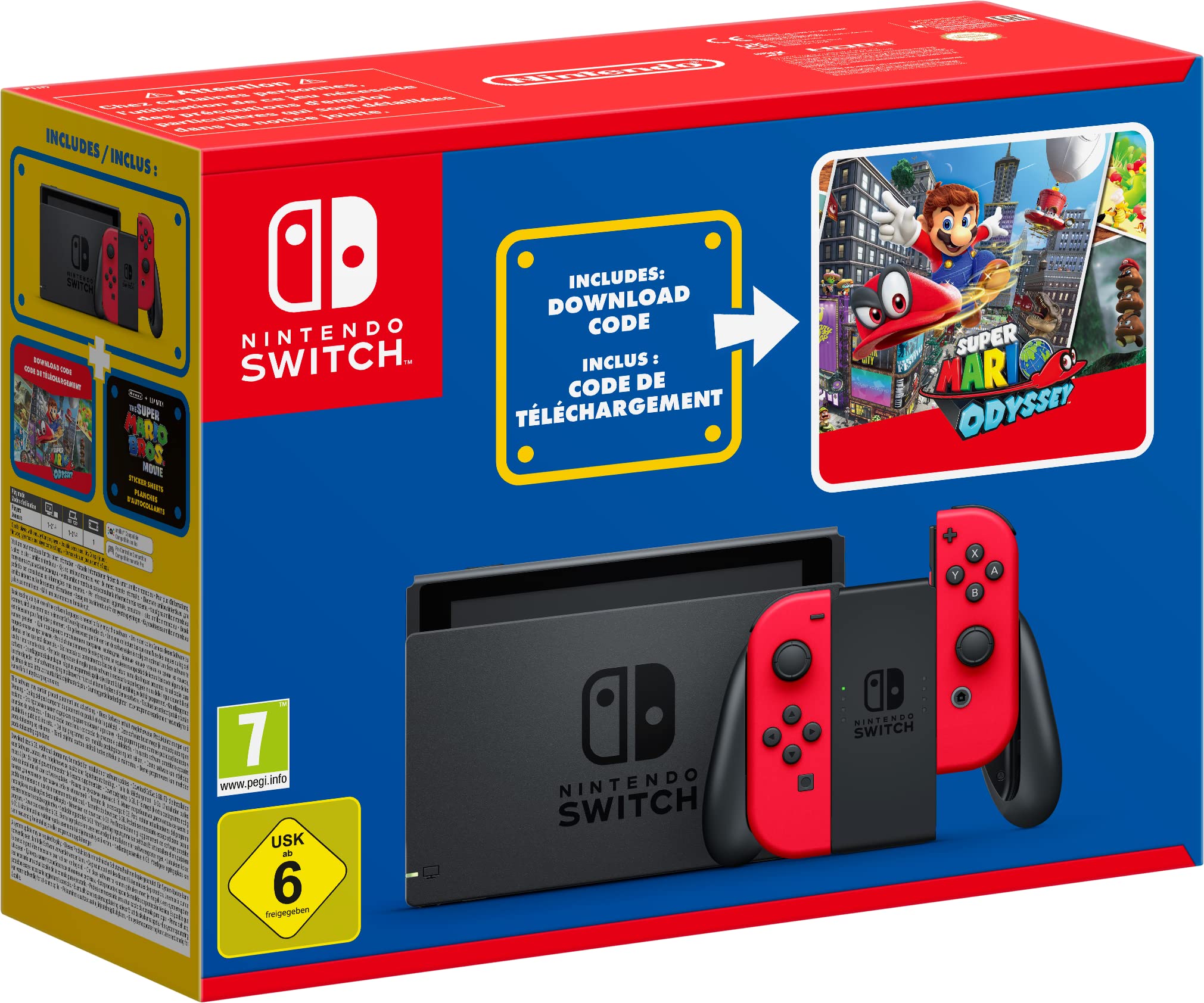 Nintendo Switch-Konsole (rot) + Spiel Super Mario Odyssey als Downloadcode + Der Super Mario Bros. Film-Aufkleber Angebot bei HelloDeals
