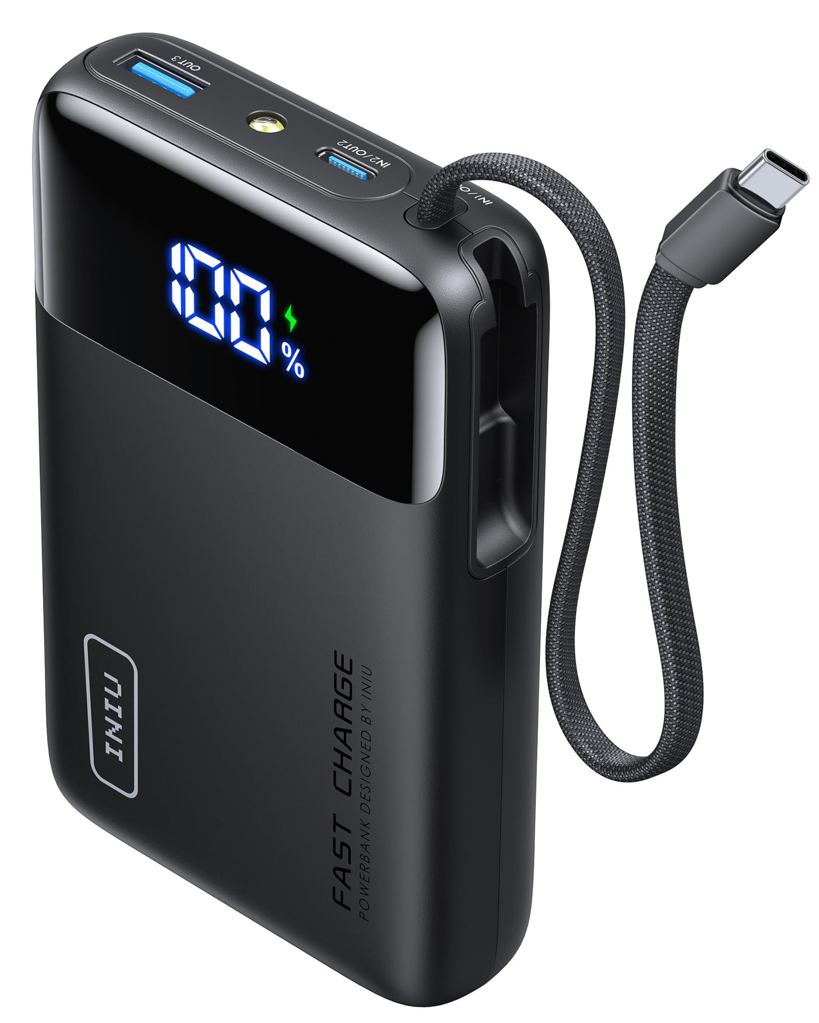 INIU 45W Power Bank, Ultra Klein 20000mAh Powerbank mit Integriertem USB-C Kabel, Schnellladen Externe Handyakkus USB-C In&Out, Klein Aber Stark für iPhone 17 16 15 Pro, Samsung S22, Xiaomi, iPad etc Schwarz Angebot bei HelloDeals
