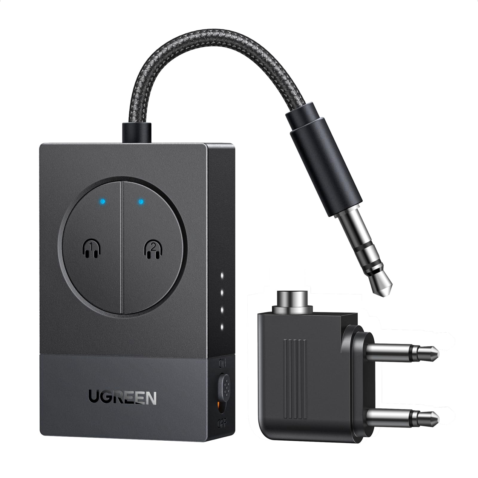 UGREEN Bluetooth Adapter Flugzeug 5.4 Transmitter für 2 Airpods oder Kopfhörer, 19 Std. Akkulaufzeit, 3,5mm AUX Bluetooth Sender Klinke, kompatibel mit Flugzeug, TV, Fitnessstudio Angebot bei HelloDeals