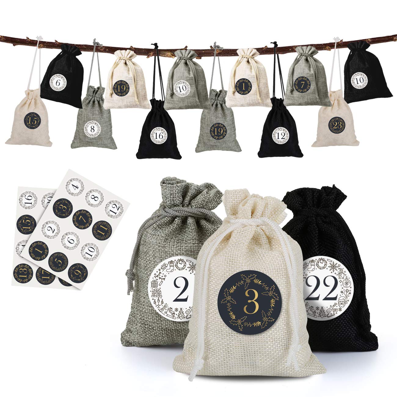 Naler 24 x Jutesäckchen Adventskalender Stoffbeutel mit Zahlenaufkleber Jute Beutel Natur Säckchen Geschenksäckchen für Weihnachten - Schwarz/Creme/Hellgrau Angebot bei HelloDeals