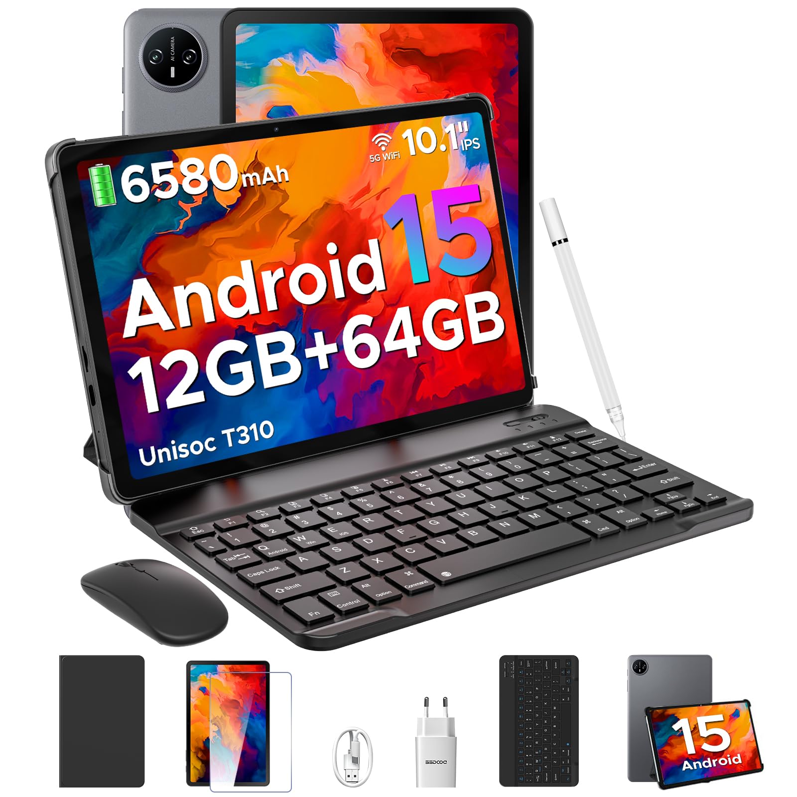 DOOGEE Tab A9 Tablet 10 Zoll Android 15, Tablet mit Tastatur/Stift/Maus/Hülle, 12GB RAM+64GB ROM(TF 2TB), 6580mAh, Unisoc T310, Dual Speaker, 5G WiFi, HD IPS Display, 8MP, GMS, BT5.0, 3.5mm, Face ID Grau-V Angebot bei HelloDeals