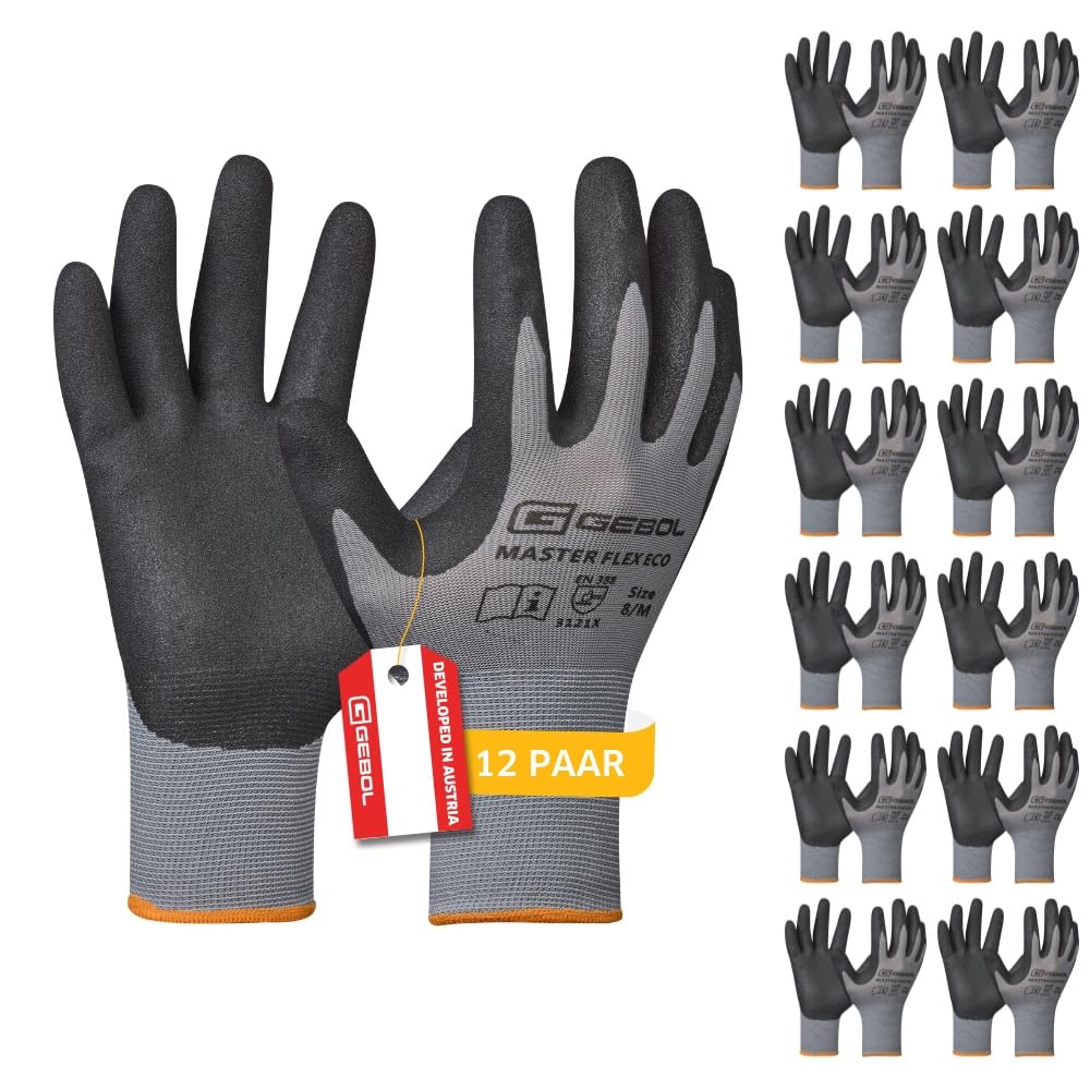Gebol Master Flex Eco, 12 Paar Arbeitshandschuhe für Werkstatt & Garten, atmungsaktive Nitrilhandschuhe für Herren mit Schutz vor Öl & Nässe, L (Gr. 9) L 12 Angebot bei HelloDeals