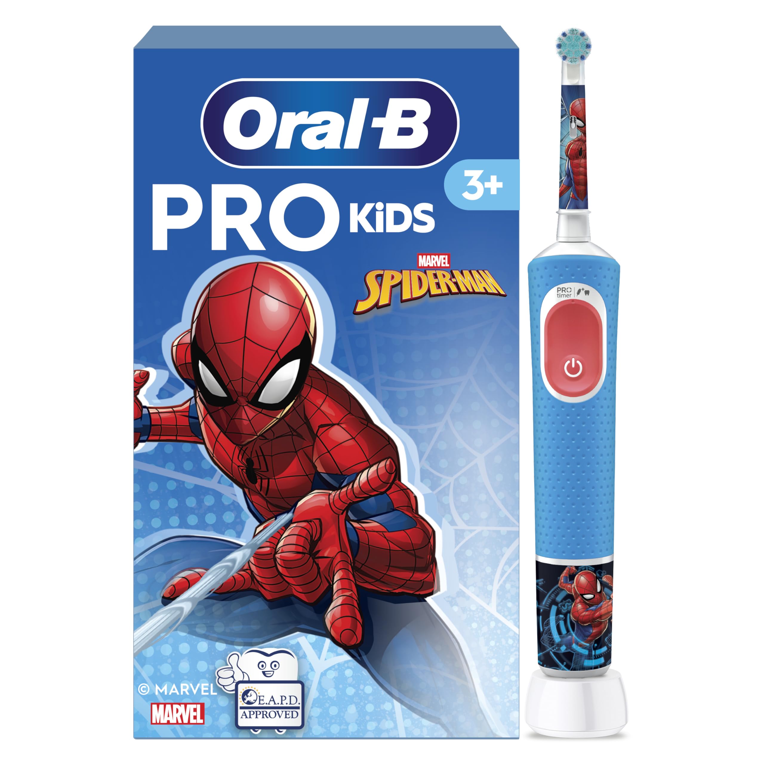 Oral-B Pro Kids Spiderman Elektrische Zahnbürste/Electric Toothbrush für Kinder ab 3 Jahren, inklusive Sensitiv+ Modus für Zahnpflege, extra weiche Borsten, 1 Aufsteckbürste, 4 Sticker, blau/rot Angebot bei HelloDeals