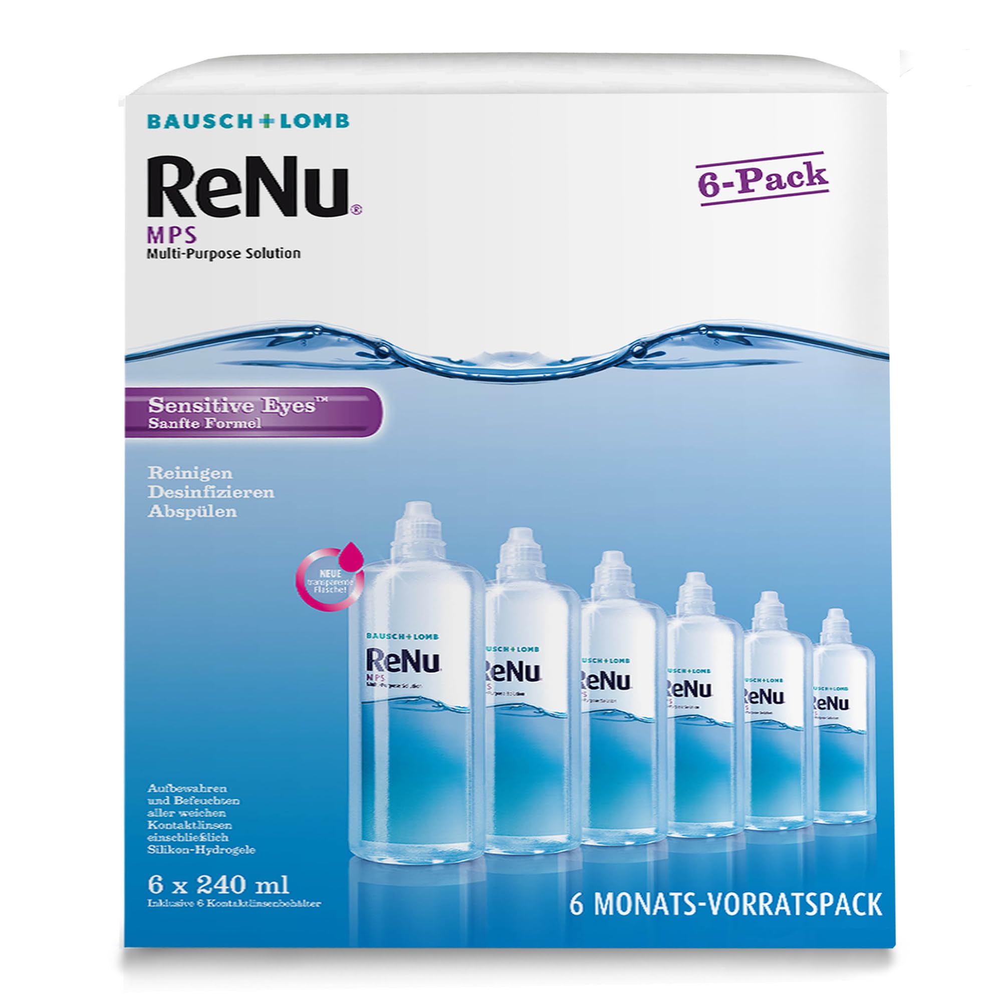 Bausch + Lomb ReNu MPS Sensitive Eyes Kombilösung - Kontaktlinsenreiniger und Aufbewahrungslösung, weiche Kontaktlinsen, Halbjahrespack, 6 x 240 ml Single Angebot bei HelloDeals