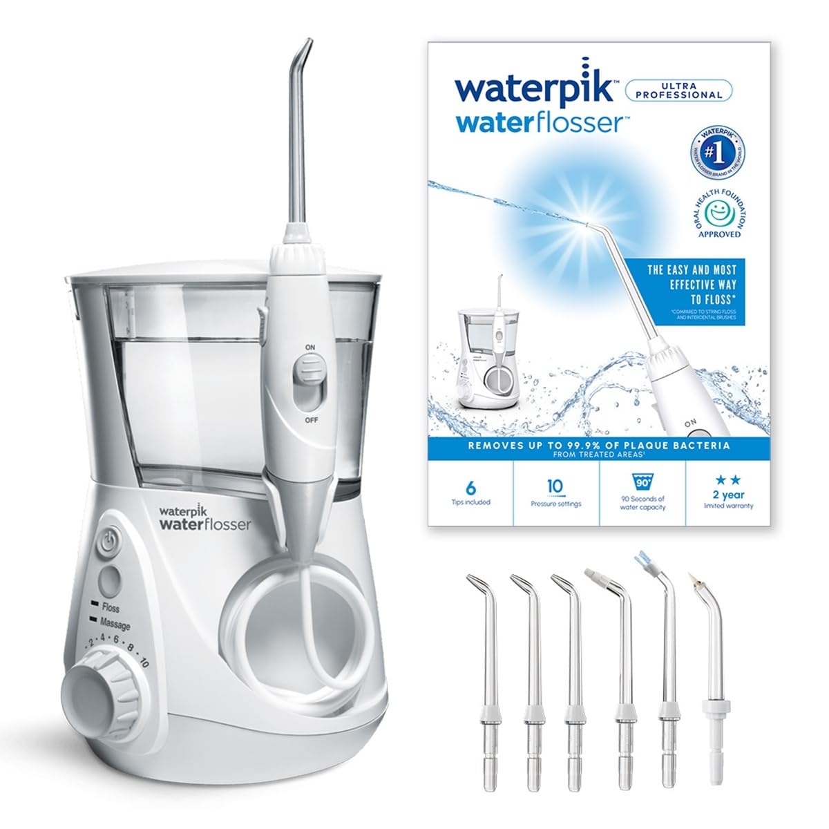 Waterpik Ultra Professional Munddusche, Testsieger 2025, Precision Pulse Technology, TÜV Siegel, bis zu 99,9 Prozent Plaque Entfernung, 6x Aufsätze, 10x individuelle Modi, integrierter Timer, Weiß Angebot bei HelloDeals