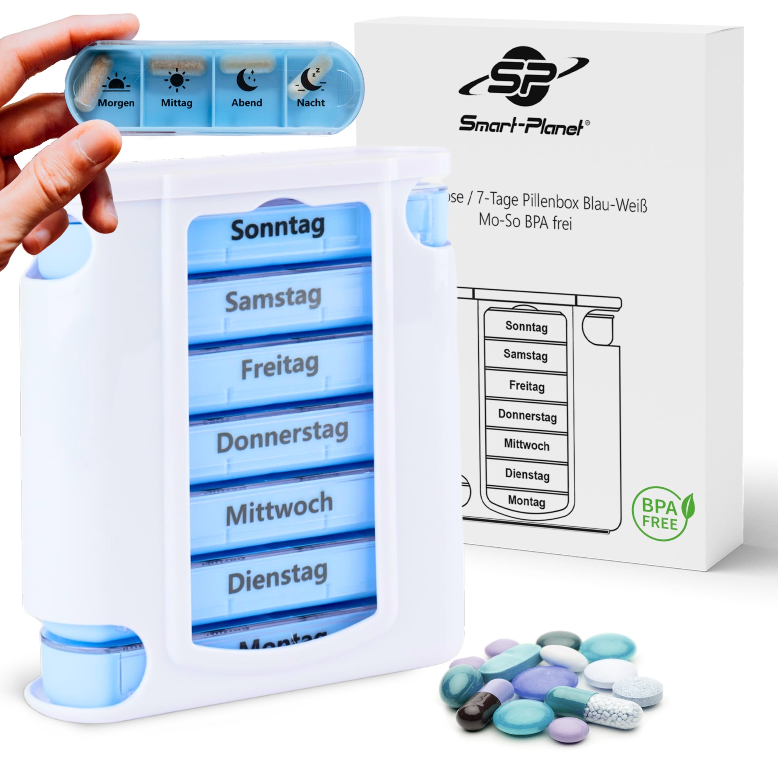 Pillendose 7 Tage 4 Fächer - Wöchentliche Tablettenbox in Weiß - Medikamente Organizer für Senioren Morgens Mittags Abends Nachts Angebot bei HelloDeals