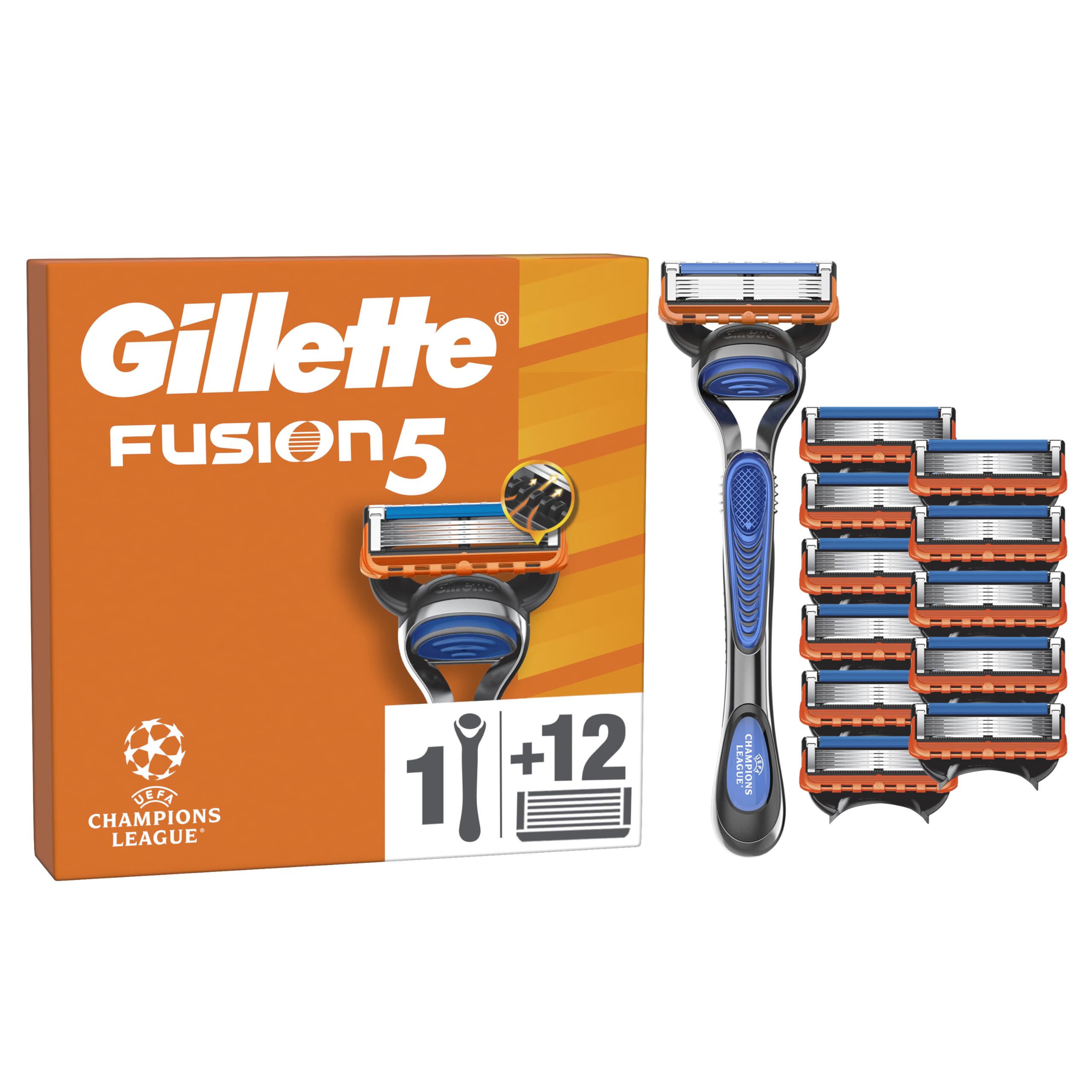 Gillette Fusion5 Rasierer für Männer UEFA Champions League Special Edition, 1 Gillette Rasierer, 12 Ersatzklingen, Mit Gleitstreifen und 5 Klingen für eine gründliche, langanhaltende Rasur Rasierer + 12 Klingen Angebot bei HelloDeals