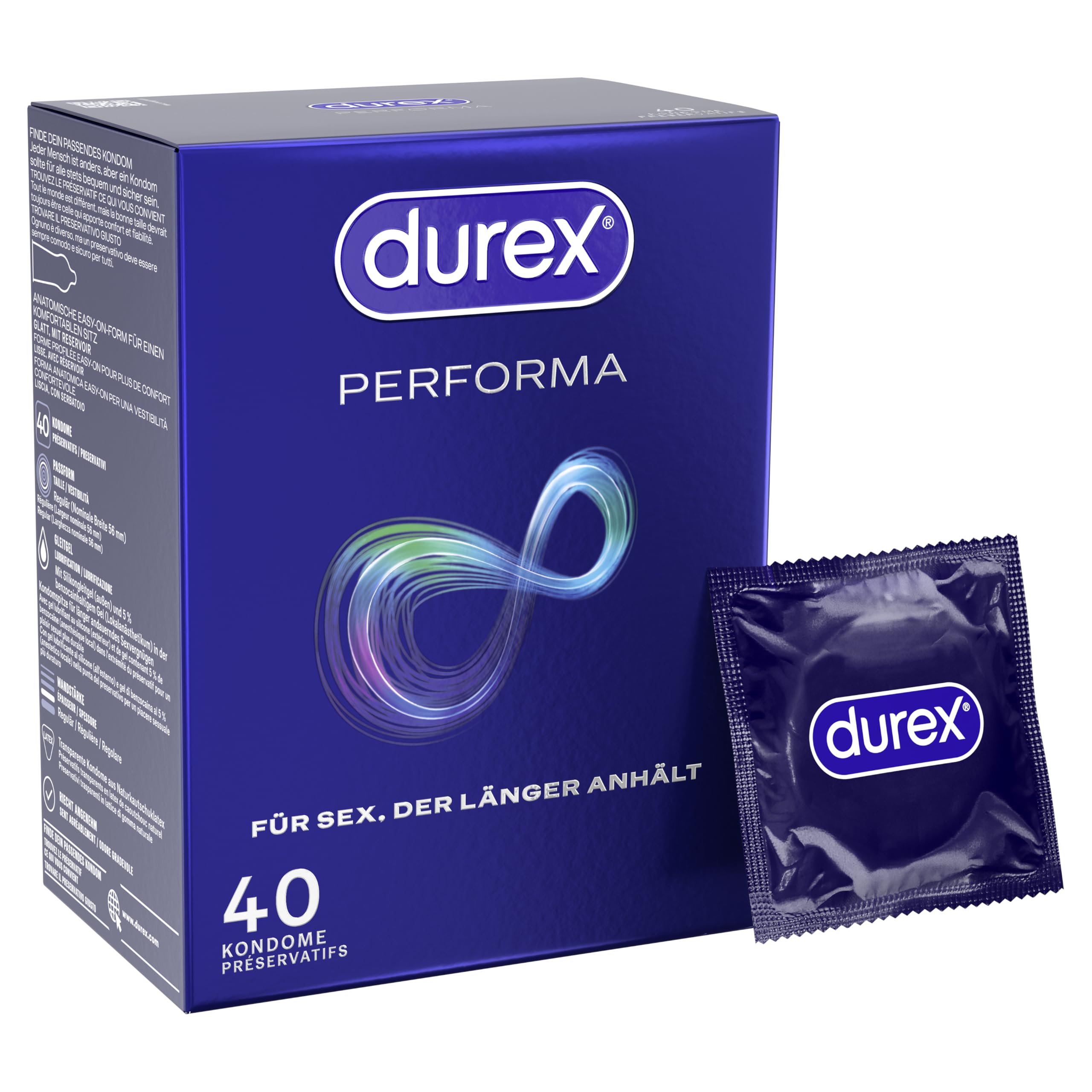 Durex Performa Kondome – Angenehmen Geruch, komfortablen Sitz und leichtes Abrollen – Mit 5% benzocainhaltigem Gel in der Kondomspitze – Befeuchtet & transparent – 40er Pack (1 x 40 Stück) 40 stück (1er Pack) Angebot bei HelloDeals