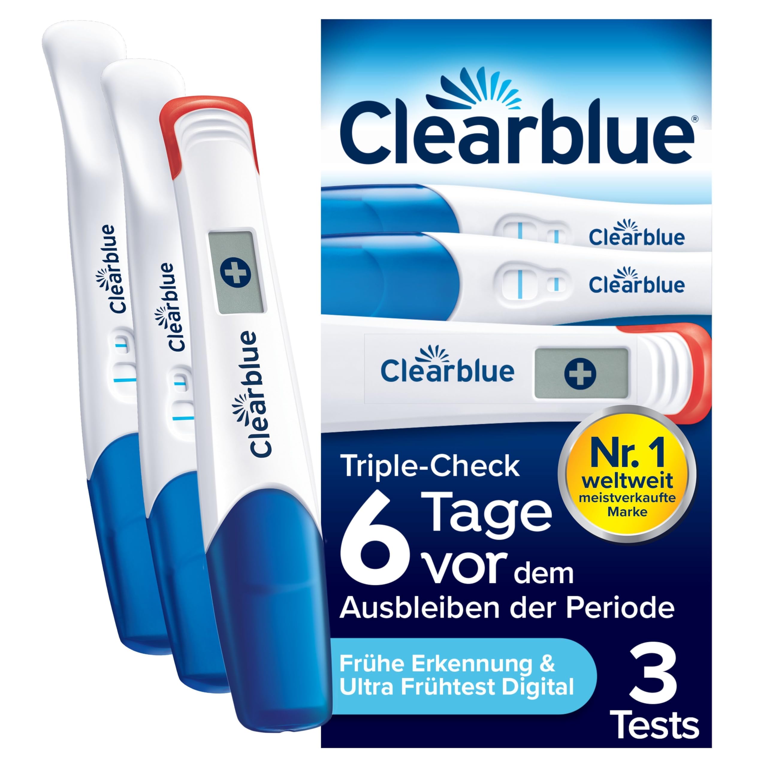 Clearblue Schwangerschaftstest Triple-Check Ultra Früh Kombipack, Ergebnisse 6 Tage früher, 3 Tests Angebot bei HelloDeals