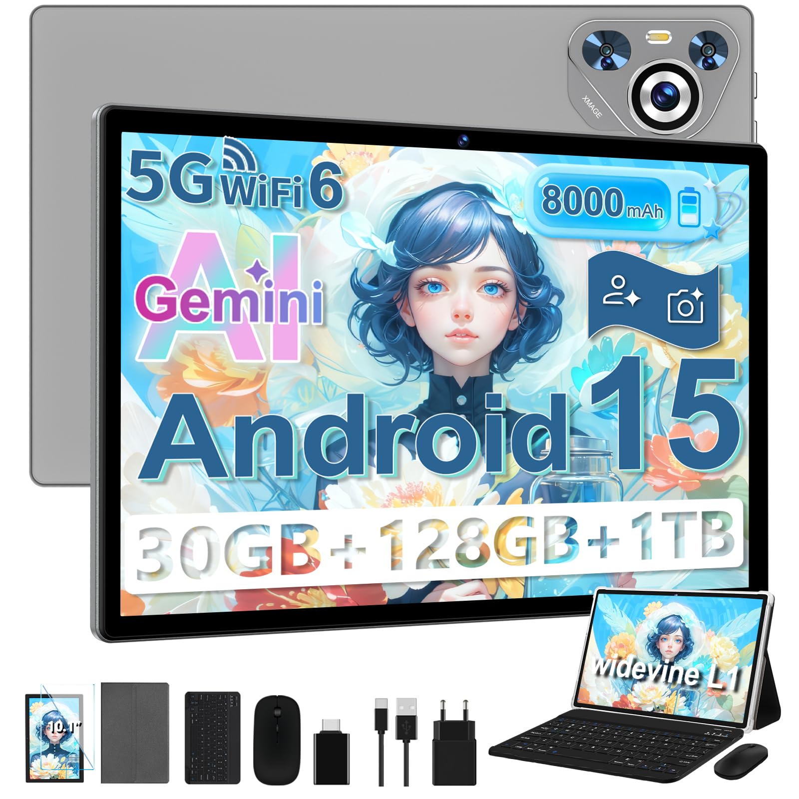 Tablet 10 Zoll Android 15 mit 30 GB RAM+128GB ROM(TF 1TB), 5G WLAN, Octa-Core, Widevine L1, Kindersicherung, 8000mAh, BT 5.0, GPS, Tablet mit Tastatur, Schwarz Gray, 30GB + 128 GB Angebot bei HelloDeals